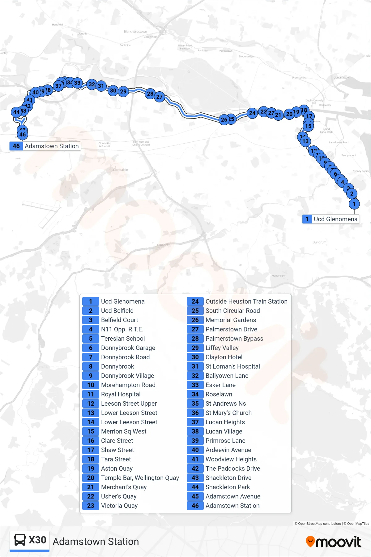 X30 bus Line (Adamstown Station) route and stops on a map