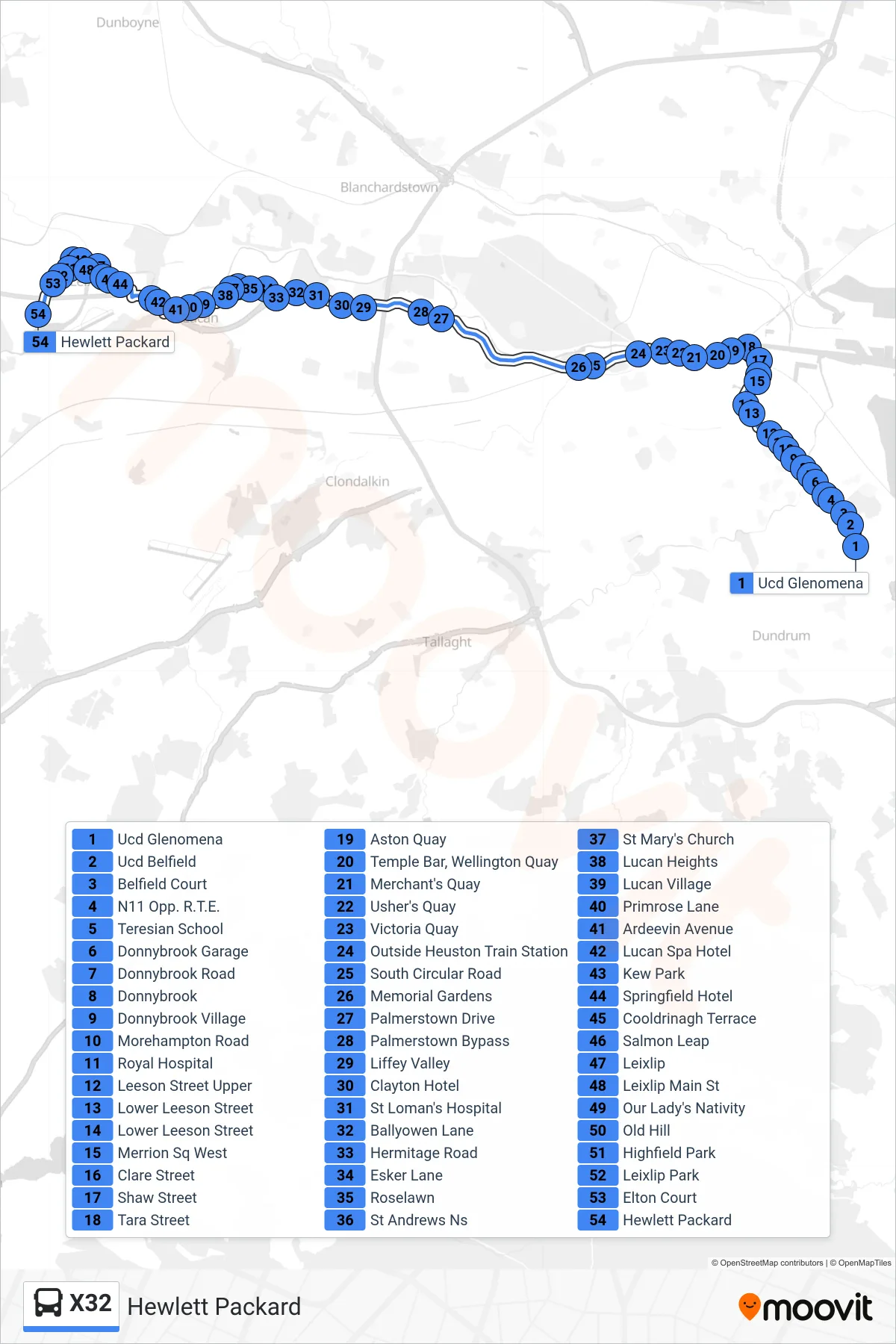 X32 bus Line (Hewlett Packard) route and stops on a map