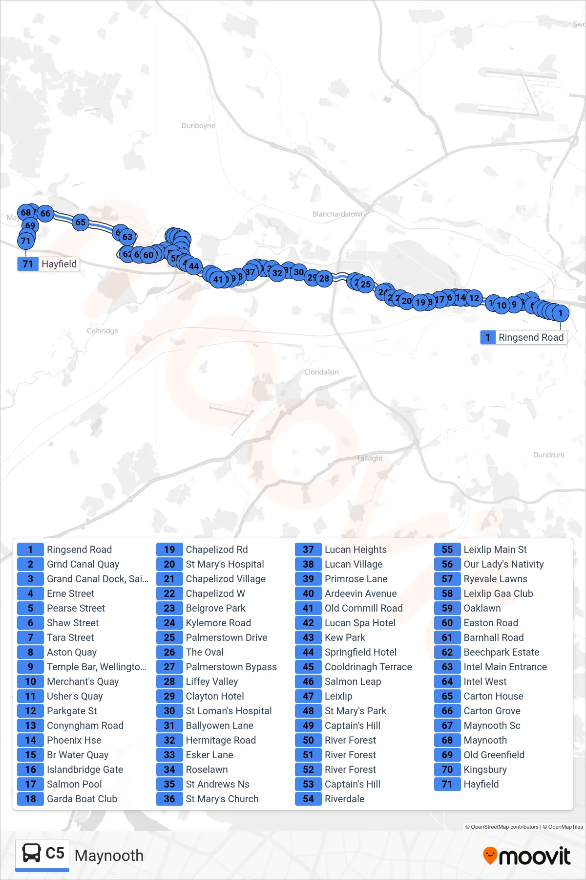 C5 bus Line (Maynooth) route and stops on a map