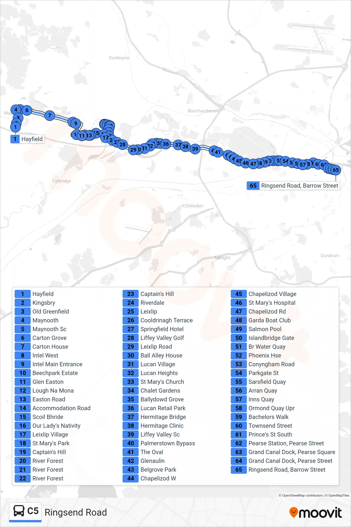 C5 bus Line (Ringsend Road) route and stops on a map