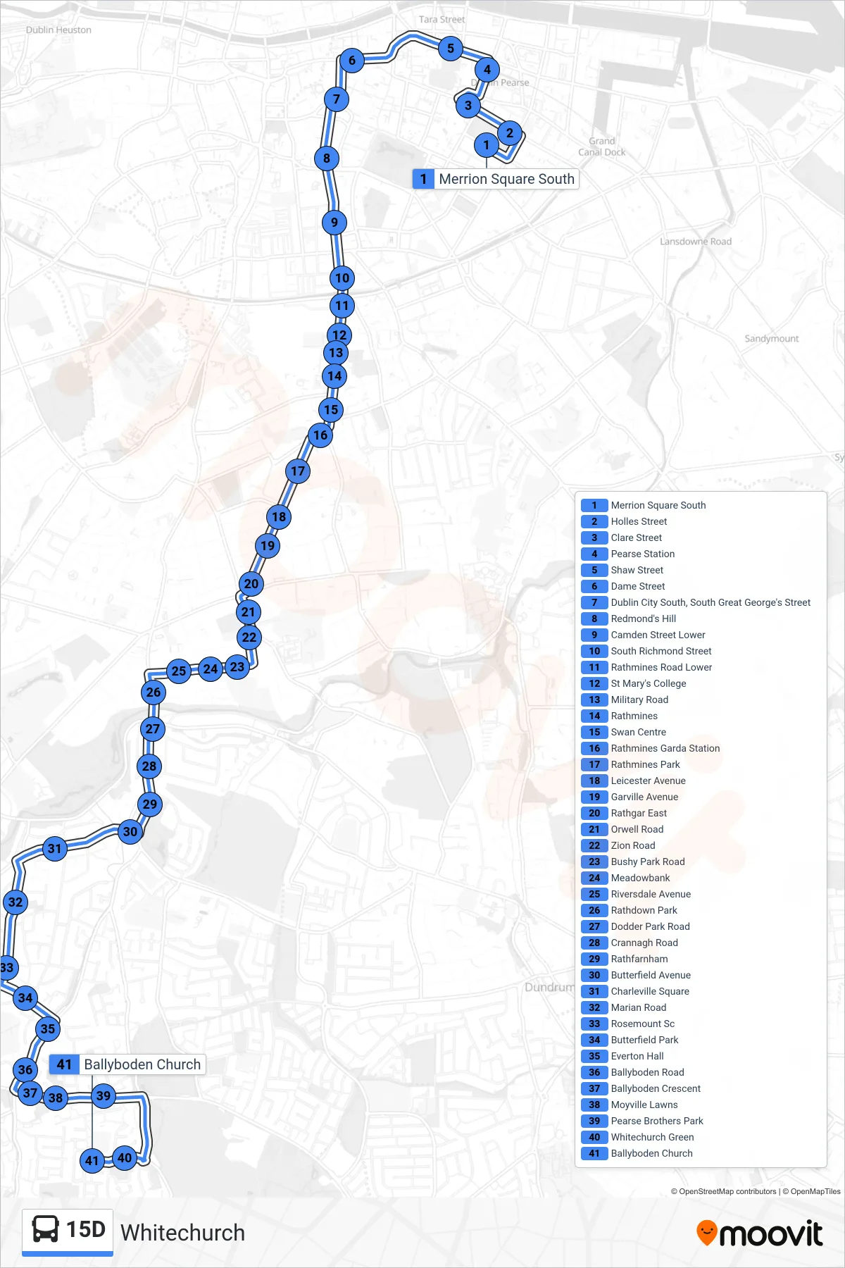 15D bus Line (Whitechurch) route and stops on a map