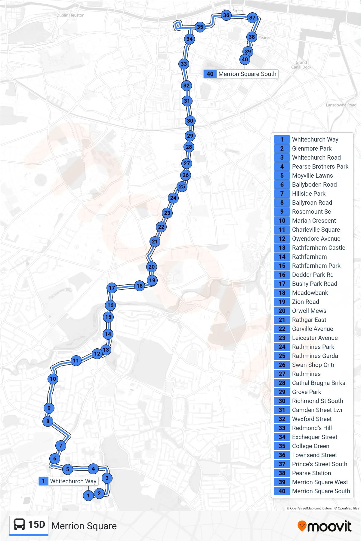 15D bus Line (Merrion Square) route and stops on a map