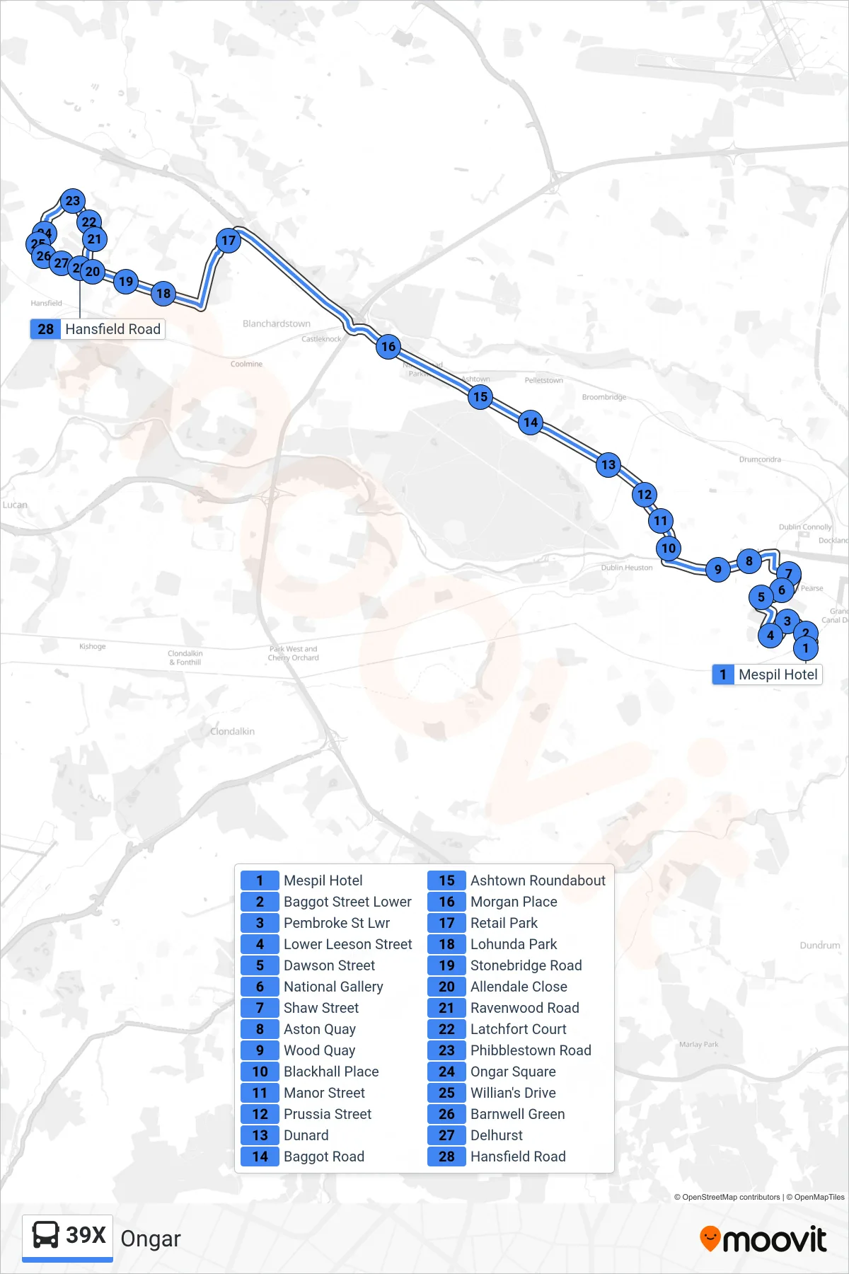 39X bus Line (Ongar) route and stops on a map