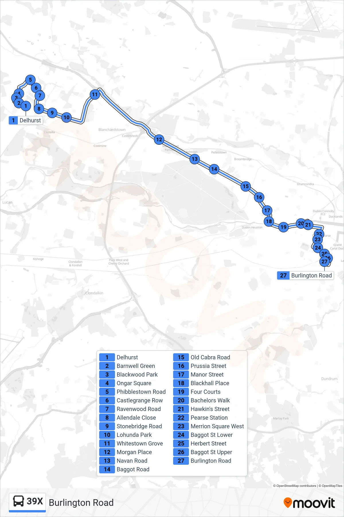 39X bus Line (Burlington Road) route and stops on a map