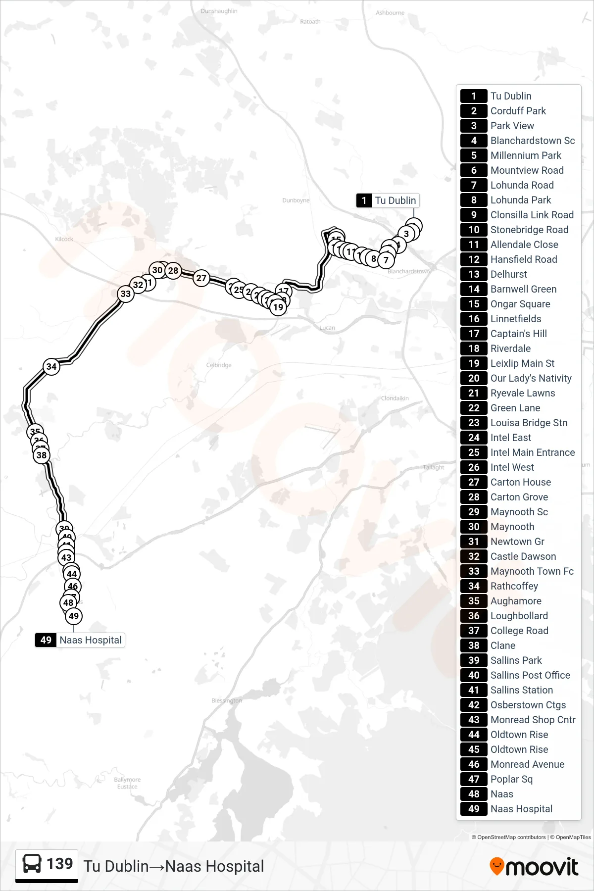139 bus Line (Tu Dublin→Naas Hospital) route and stops on a map