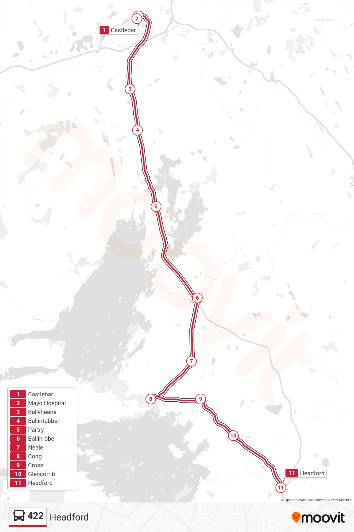 422 bus Line (Headford) route and stops on a map