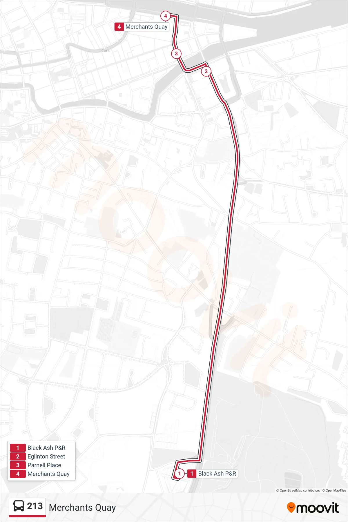 213 bus Line (Merchants Quay) route and stops on a map