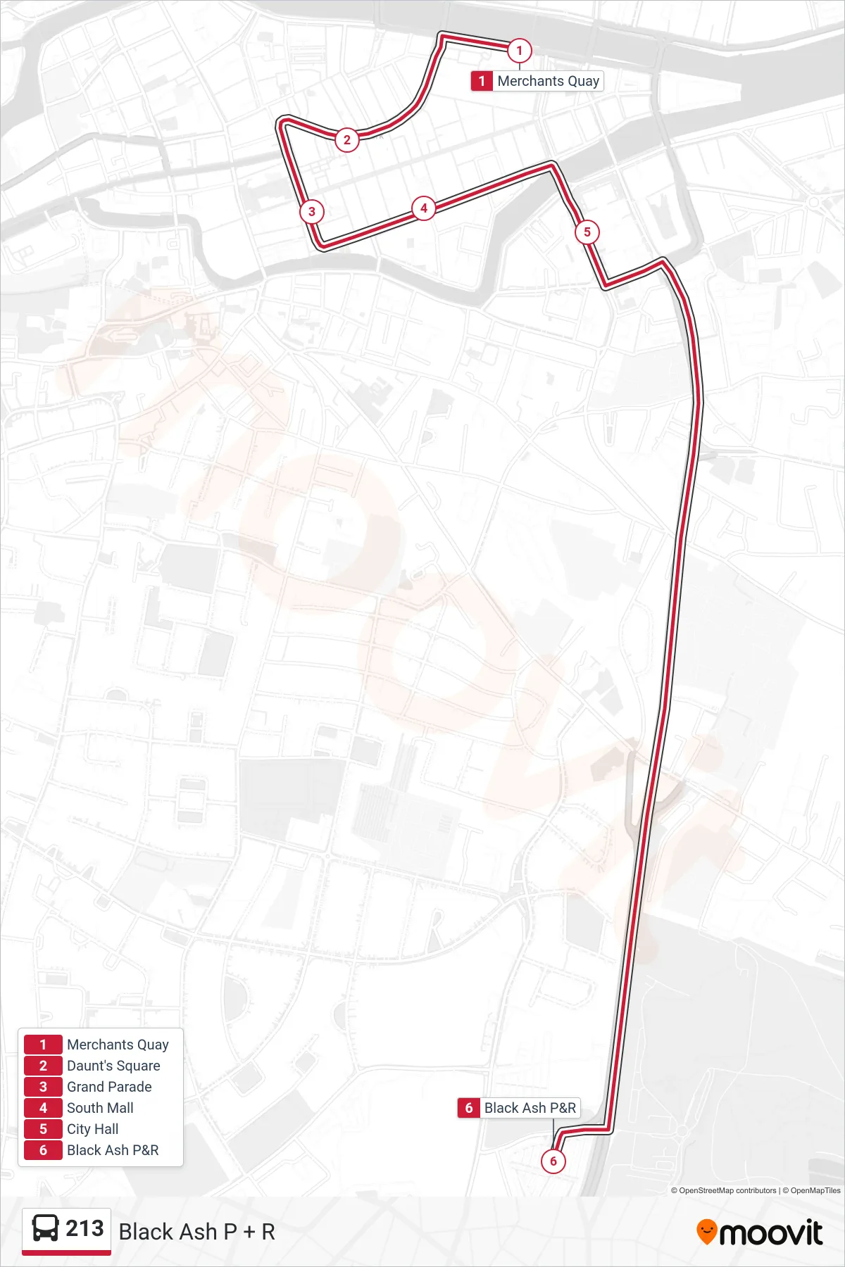 213 bus Line (Black Ash P + R) route and stops on a map