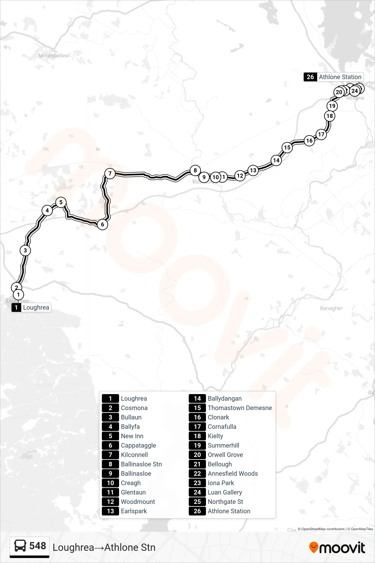 548 bus Line (Loughrea→Athlone Stn) route and stops on a map
