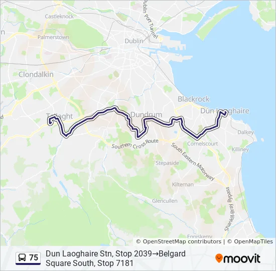 Bus 75 Route Map 75 Bus Route Map - Dun Laoghaire Stn, Stop 2039‎→Belgard Square South, Stop  7181