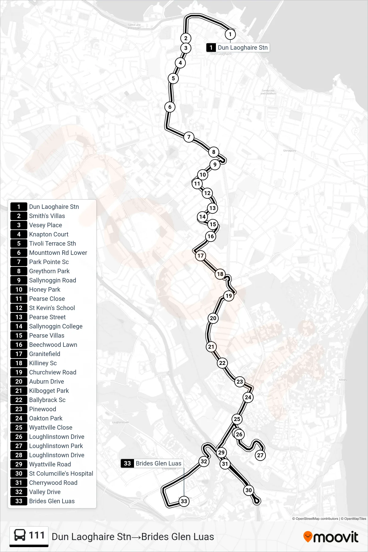 111 bus Line (Dun Laoghaire Stn→Brides Glen Luas) route and stops on a map