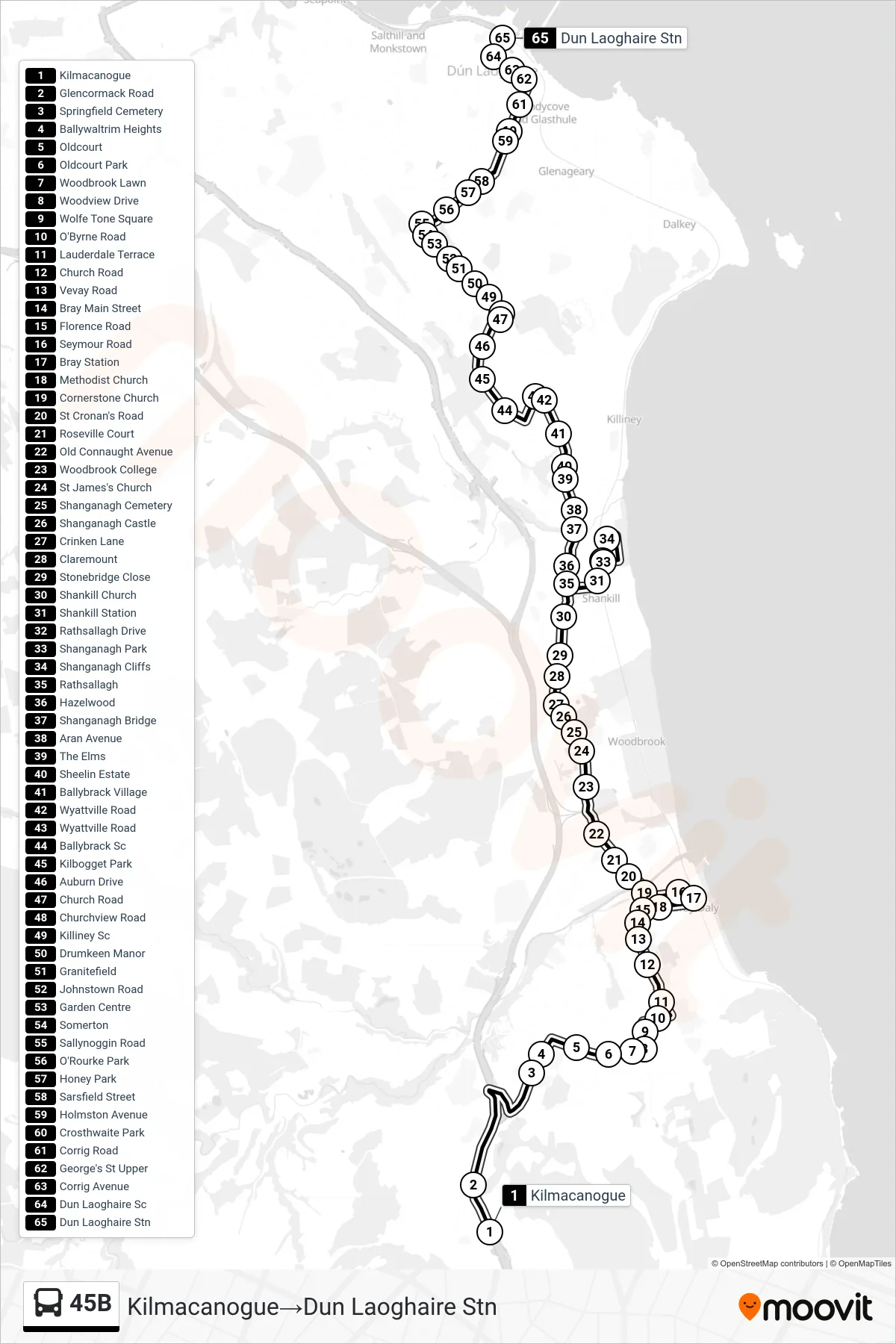 45B bus Line (Kilmacanogue→Dun Laoghaire Stn) route and stops on a map