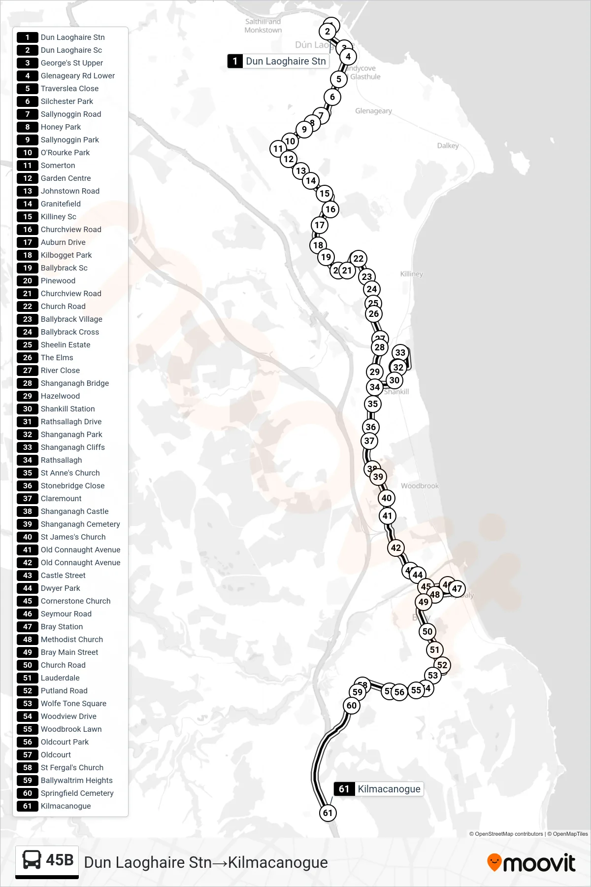 45B bus Line (Dun Laoghaire Stn→Kilmacanogue) route and stops on a map
