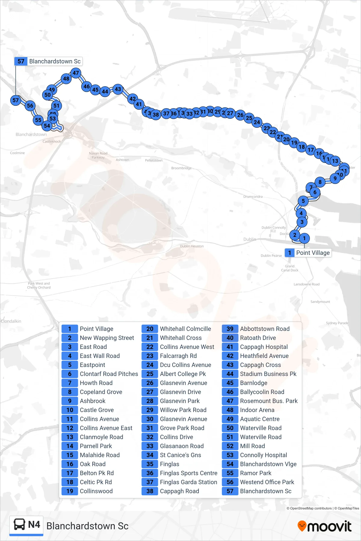 N4 bus Line (Blanchardstown Sc) route and stops on a map
