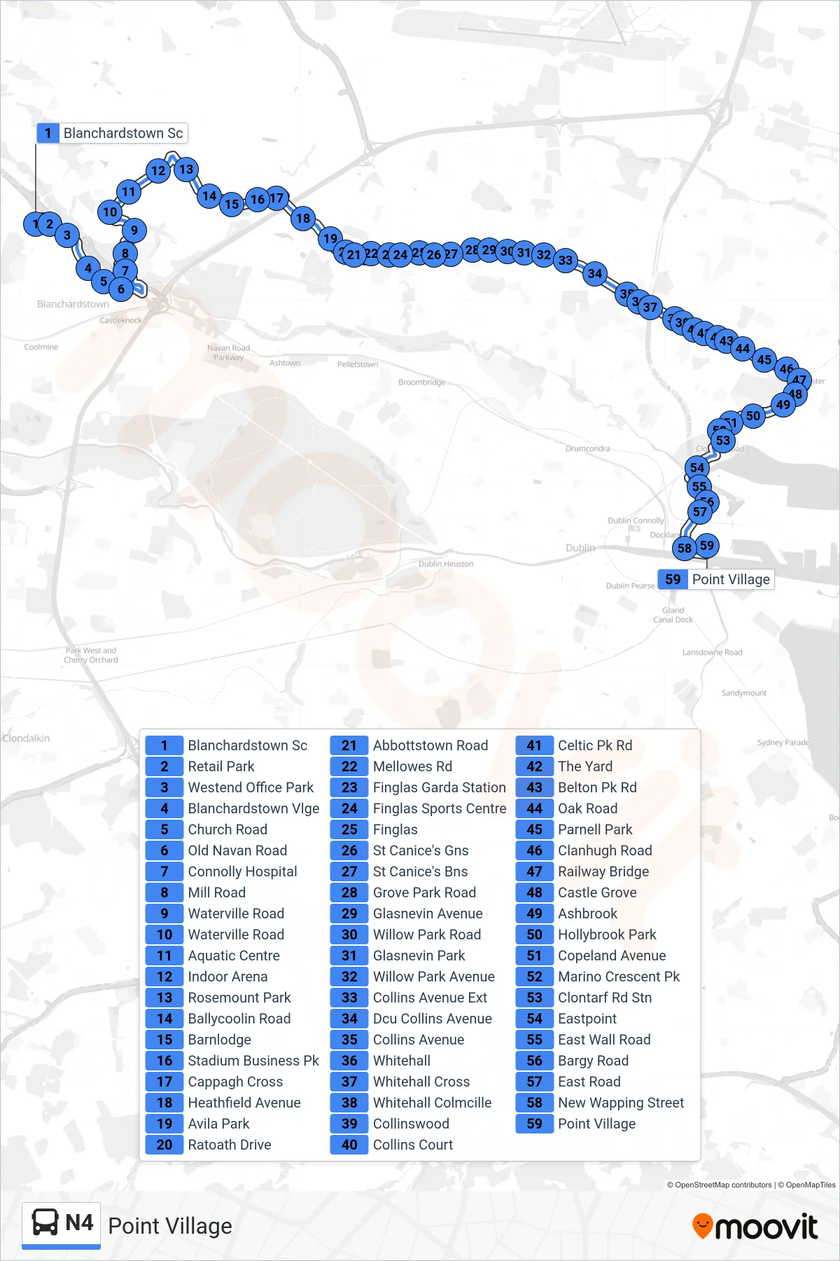 N4 bus Line (Point Village) route and stops on a map