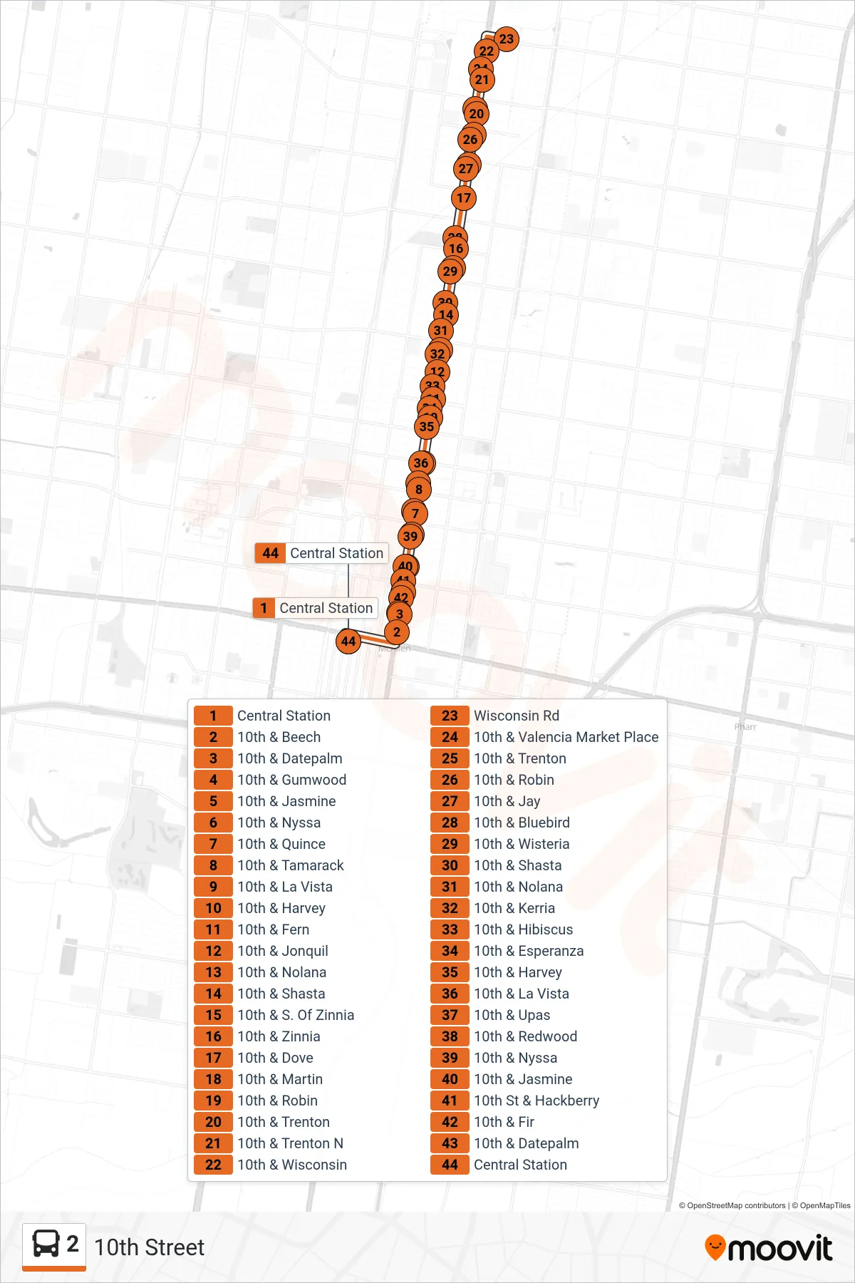 2 bus Line (10th Street) route and stops on a map