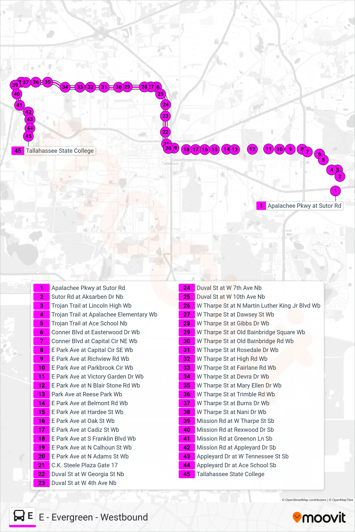 E bus Line (E - Evergreen - Westbound) route and stops on a map