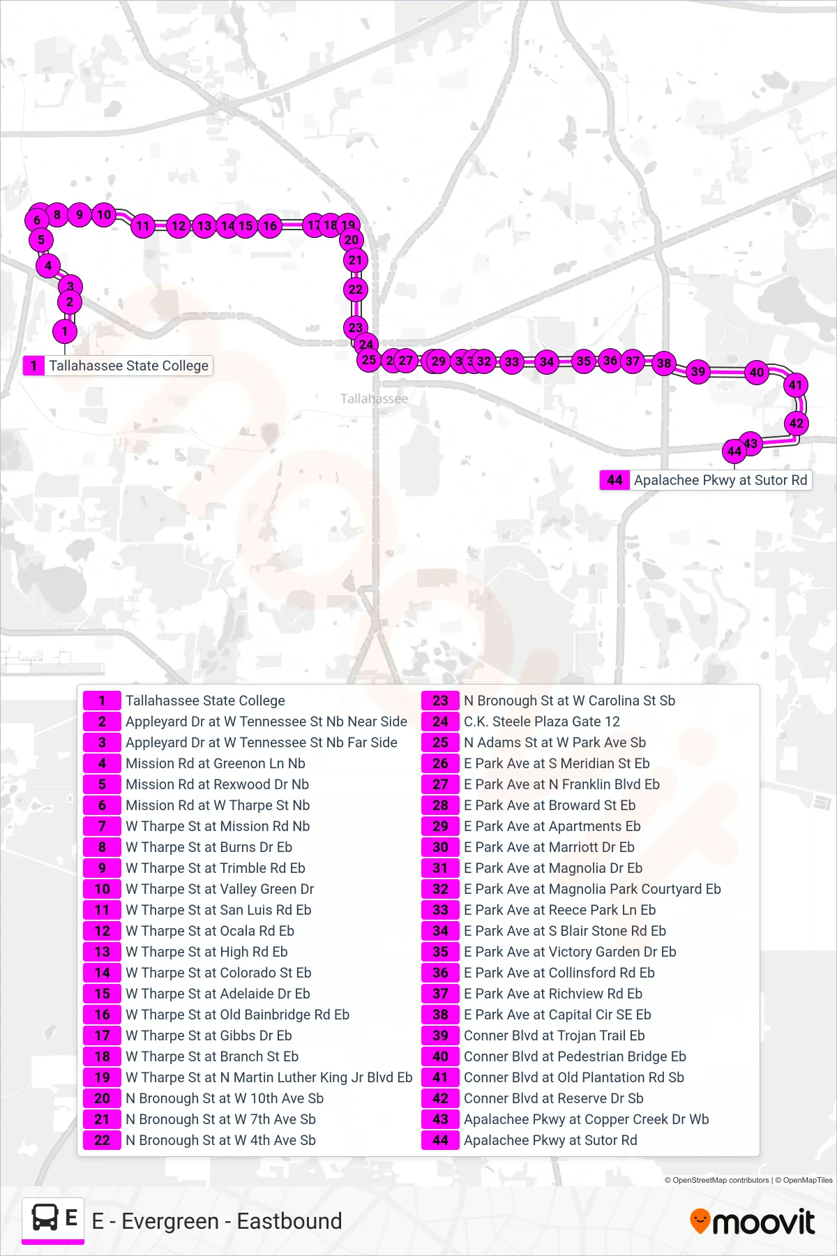 E bus Line (E - Evergreen - Eastbound) route and stops on a map