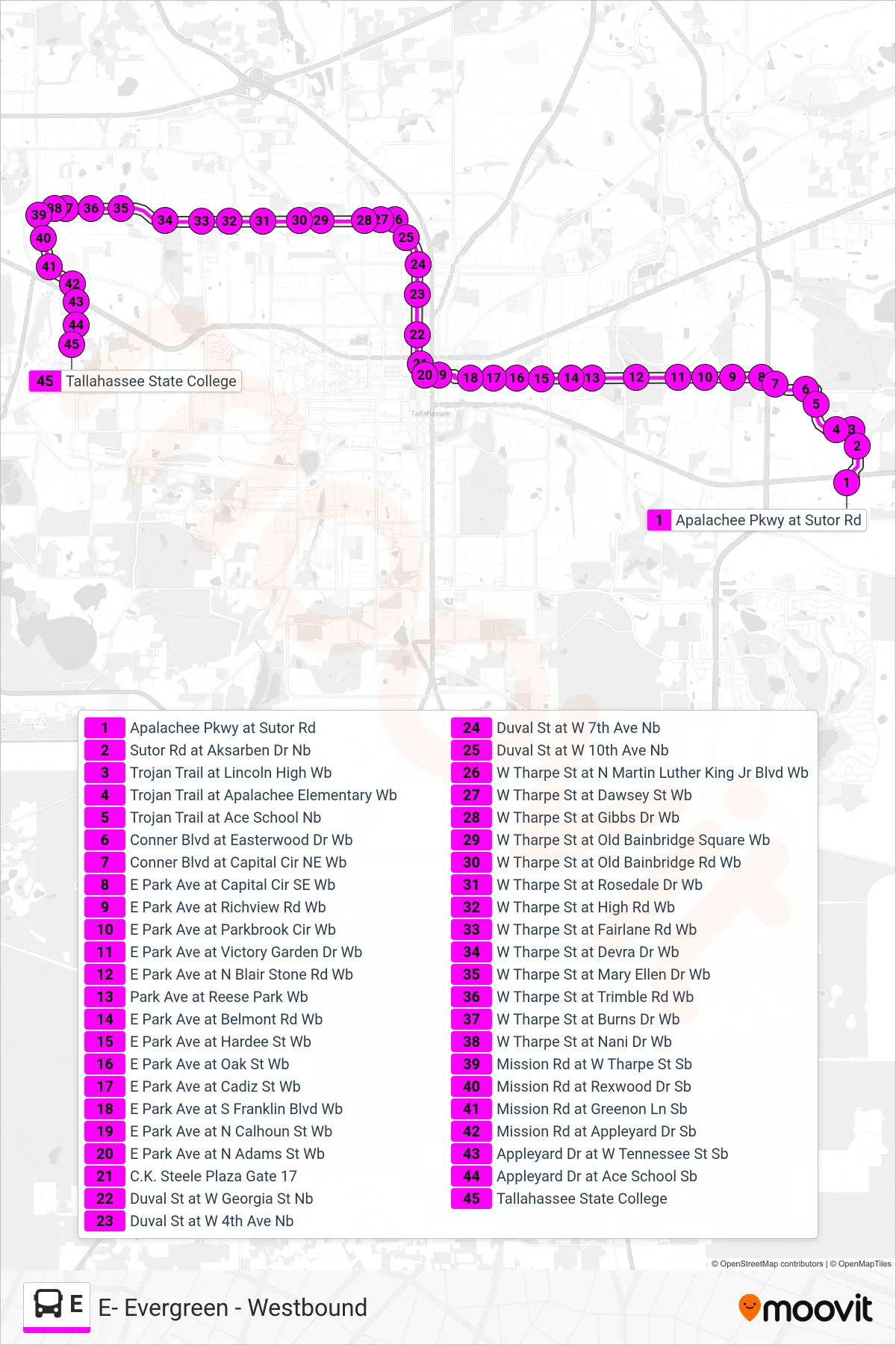 E bus Line (E- Evergreen - Westbound) route and stops on a map