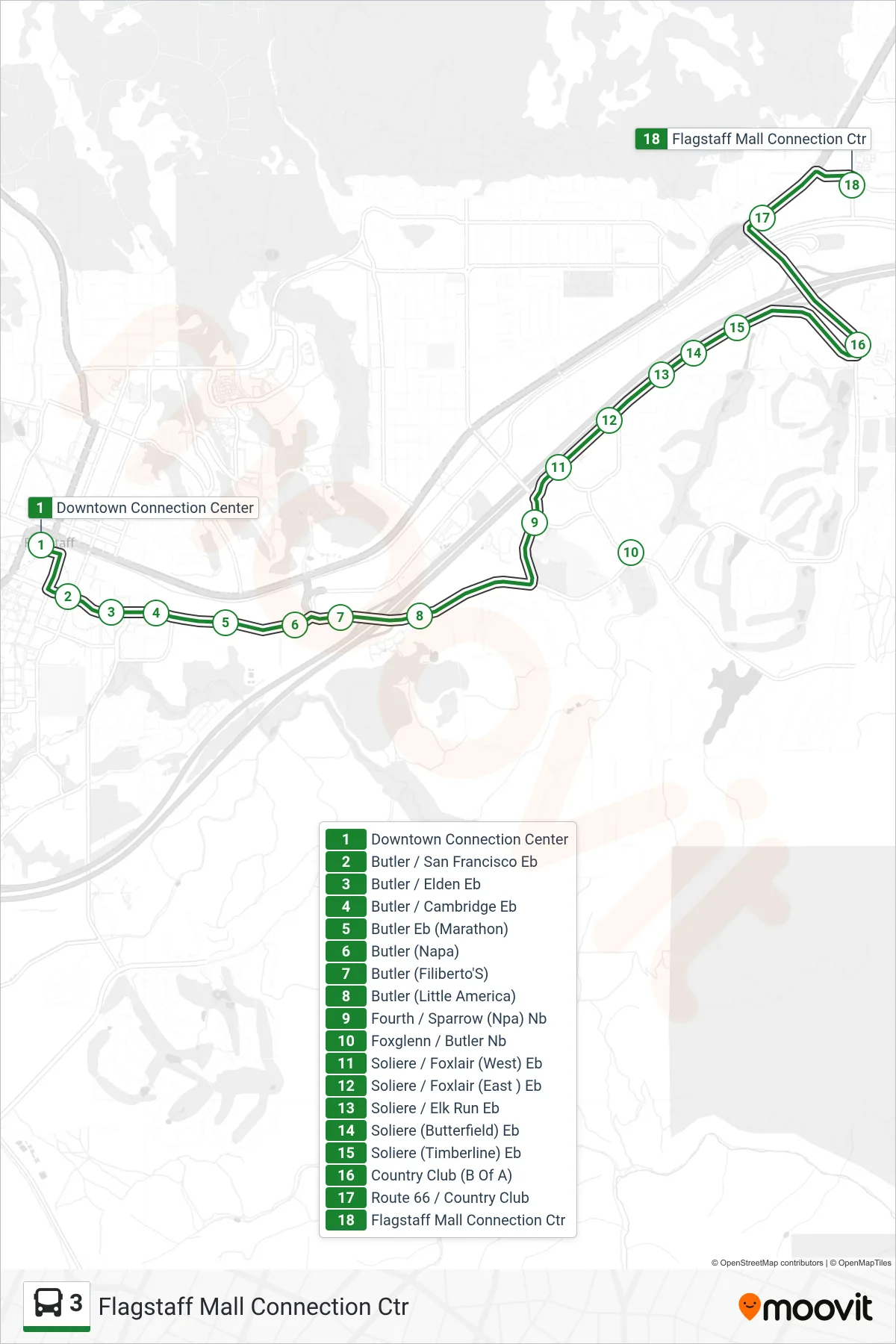 3 bus Line (Flagstaff Mall Connection Ctr) route and stops on a map