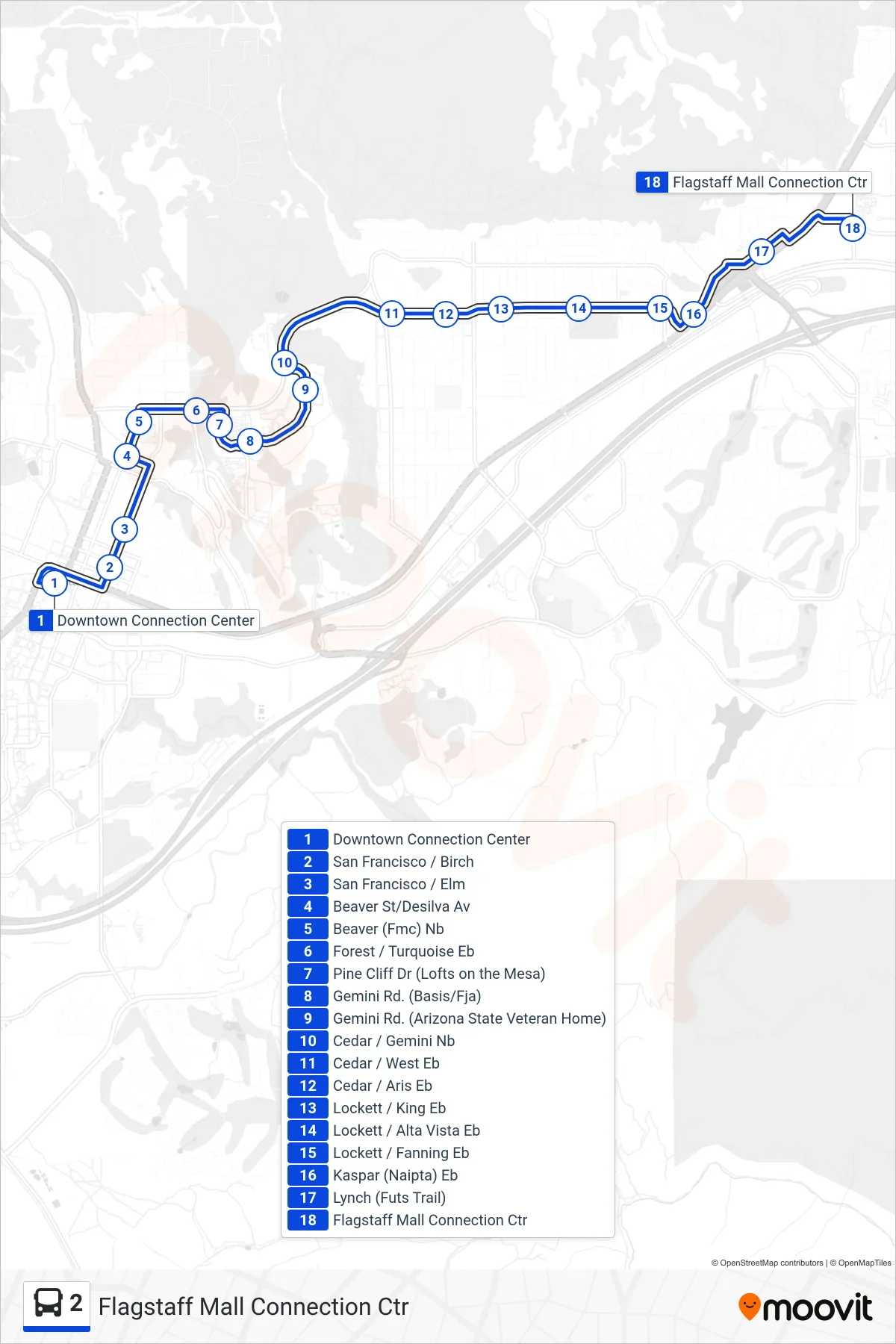 2 bus Line (Flagstaff Mall Connection Ctr) route and stops on a map