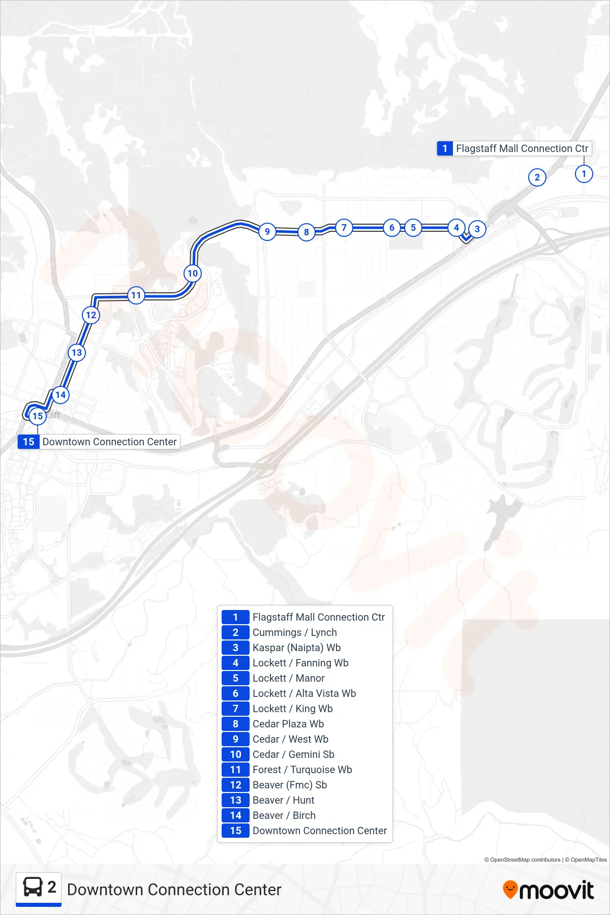 2 bus Line (Downtown Connection Center) route and stops on a map