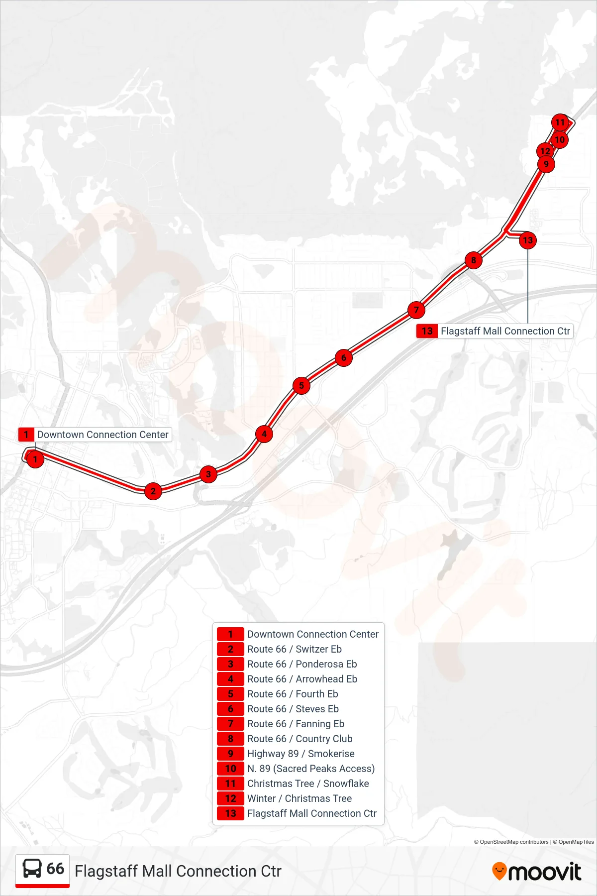 66 bus Line (Flagstaff Mall Connection Ctr) route and stops on a map