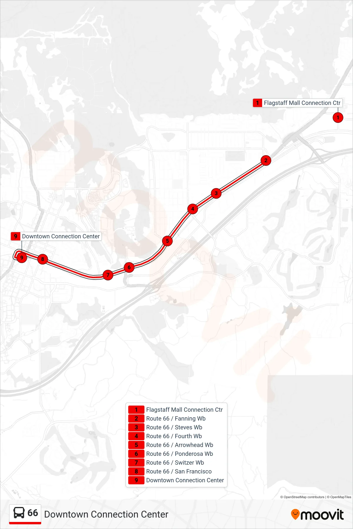 66 bus Line (Downtown Connection Center) route and stops on a map