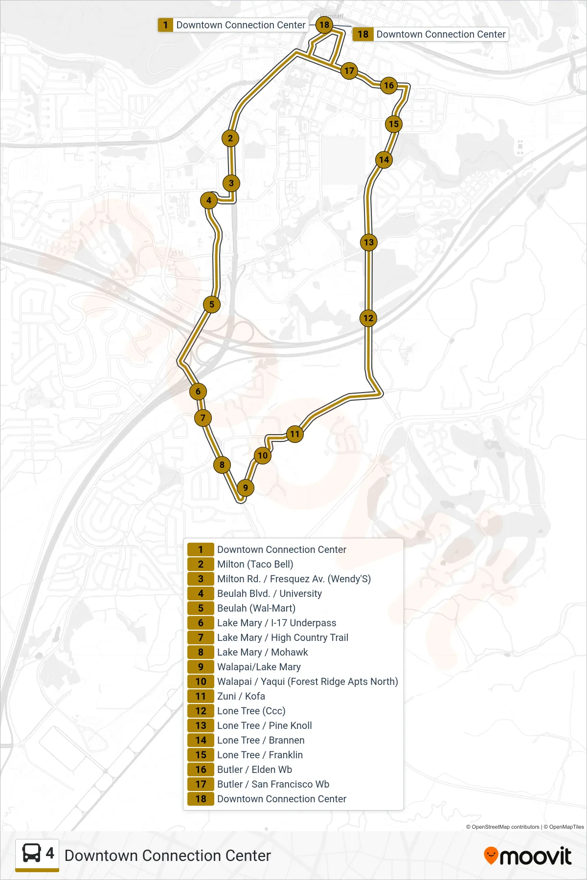 4 bus Line (Downtown Connection Center) route and stops on a map