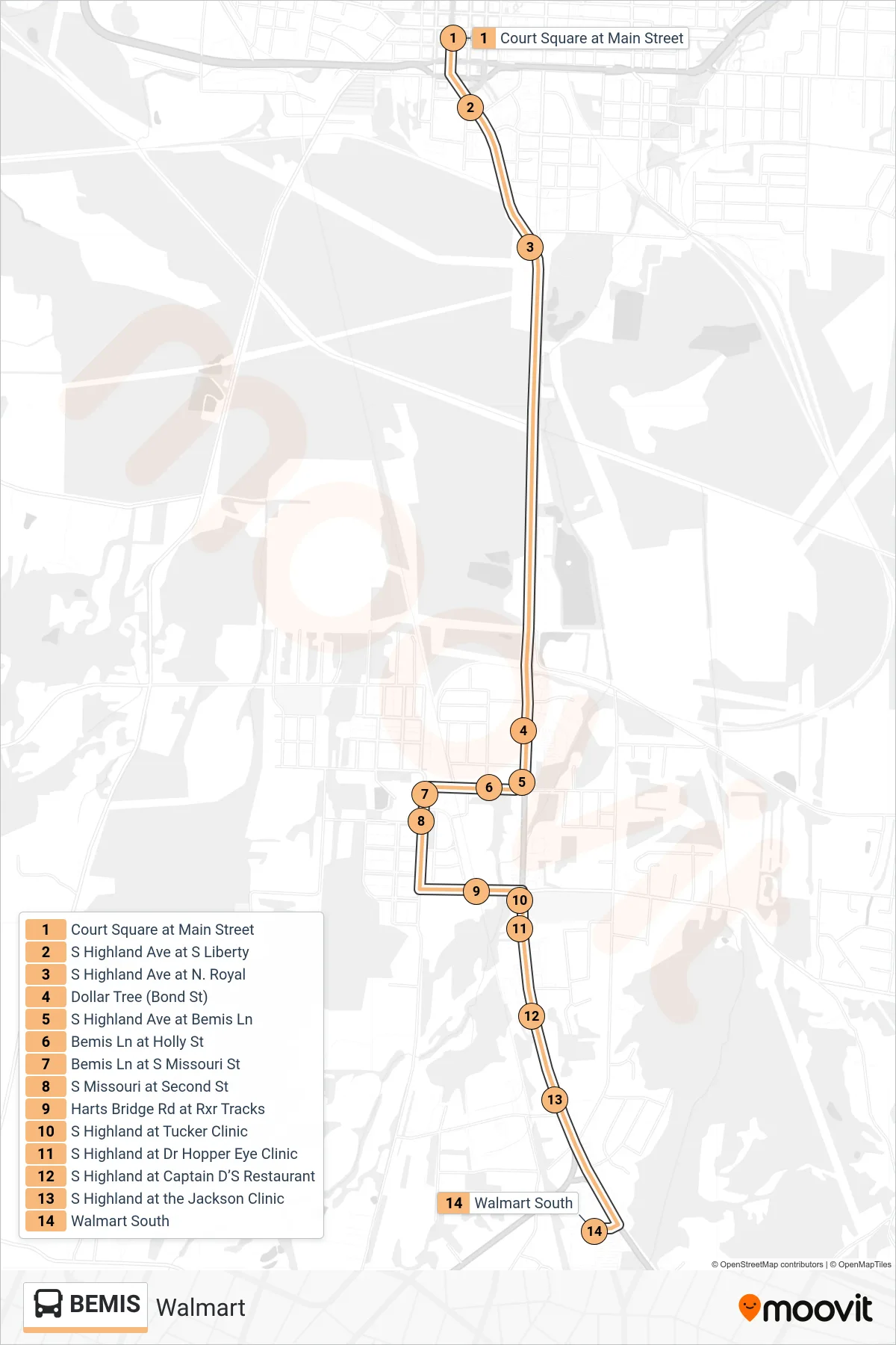 BEMIS bus Line (Walmart) route and stops on a map