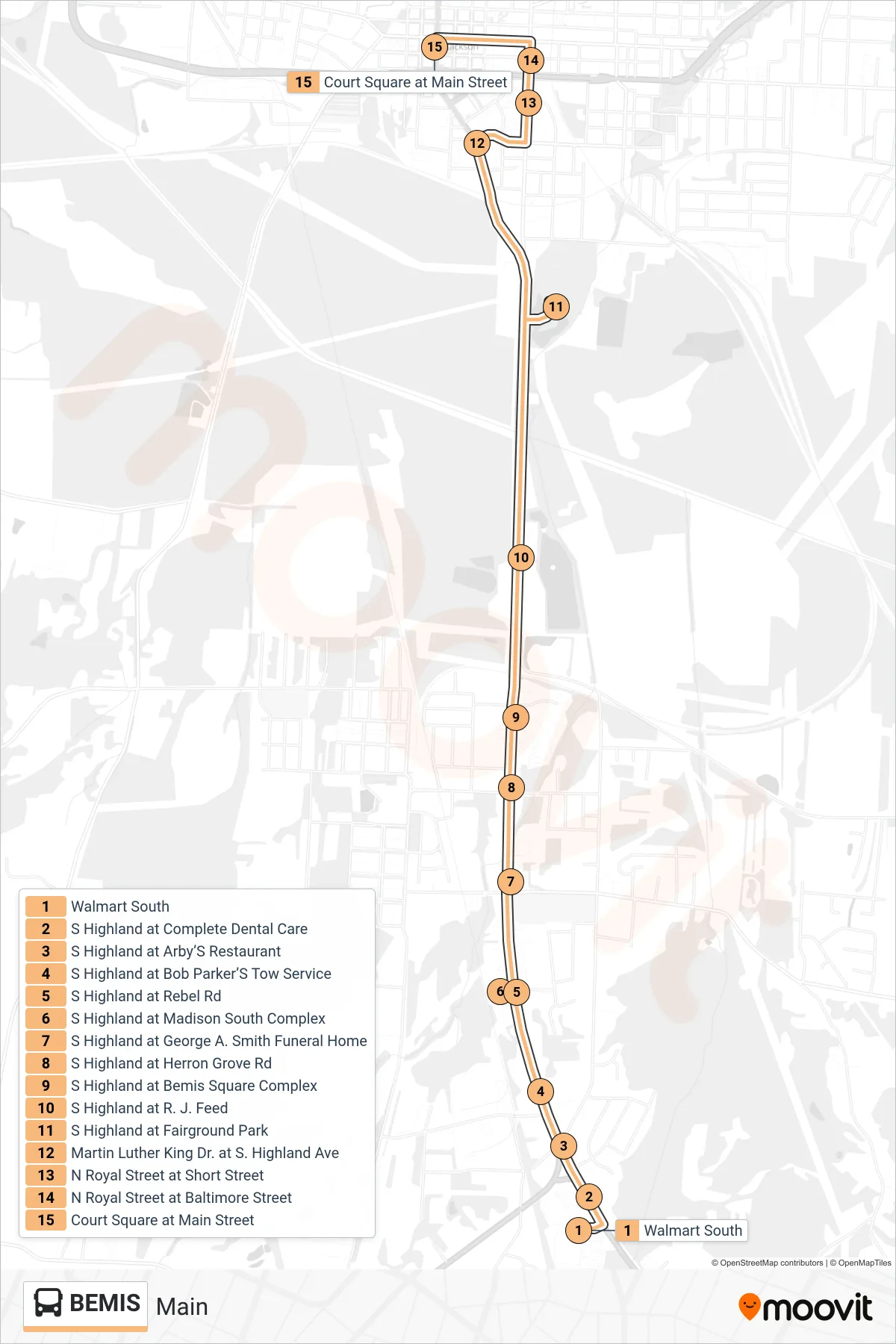 BEMIS bus Line (Main) route and stops on a map