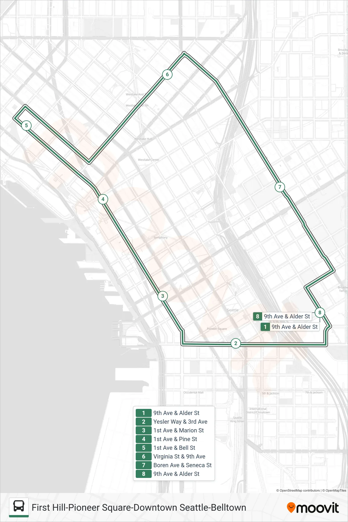 EASY LOOP bus Line (9th Ave & Alder St) route and stops on a map