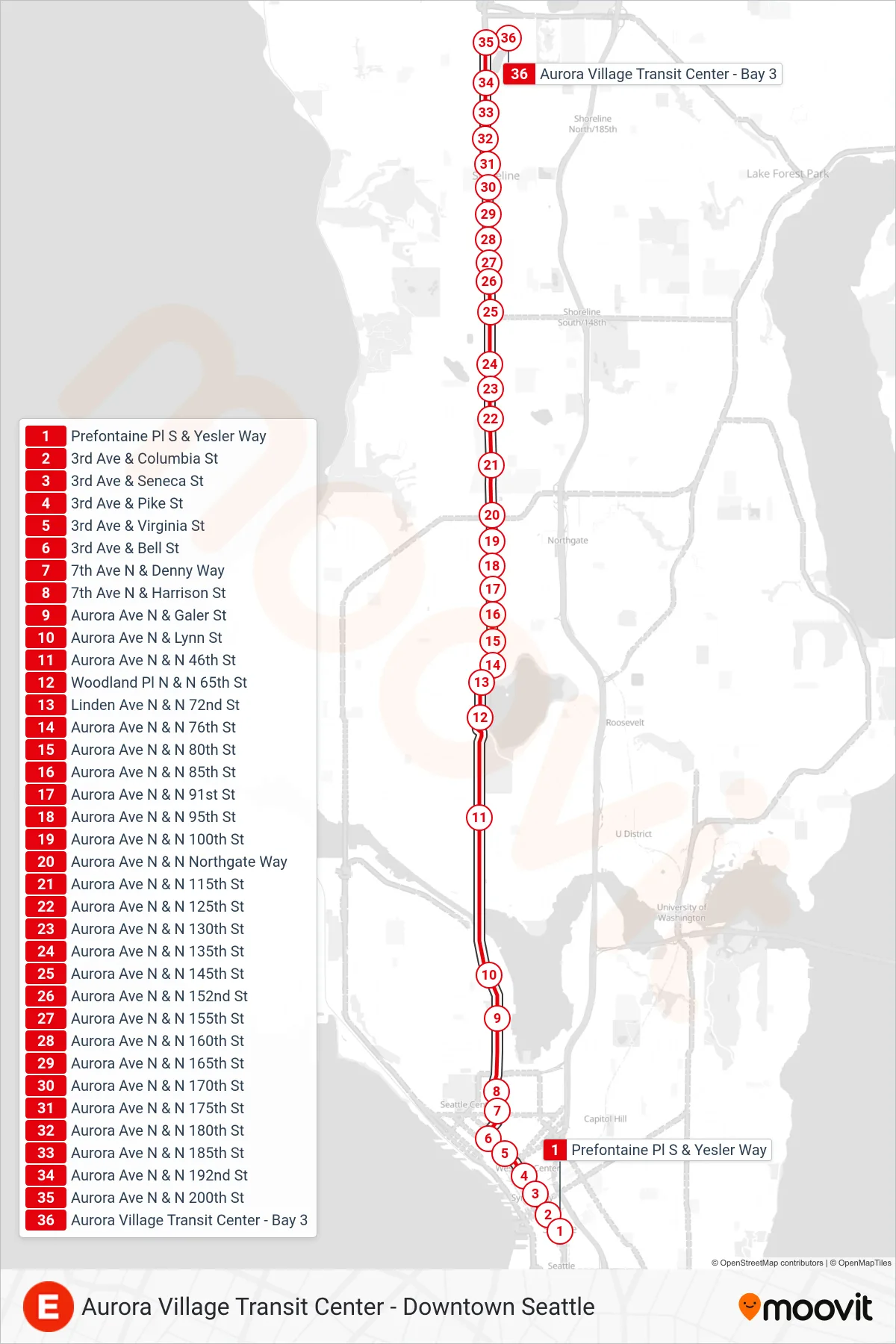 E LINE bus Line (Aurora Village Transit Center) route and stops on a map
