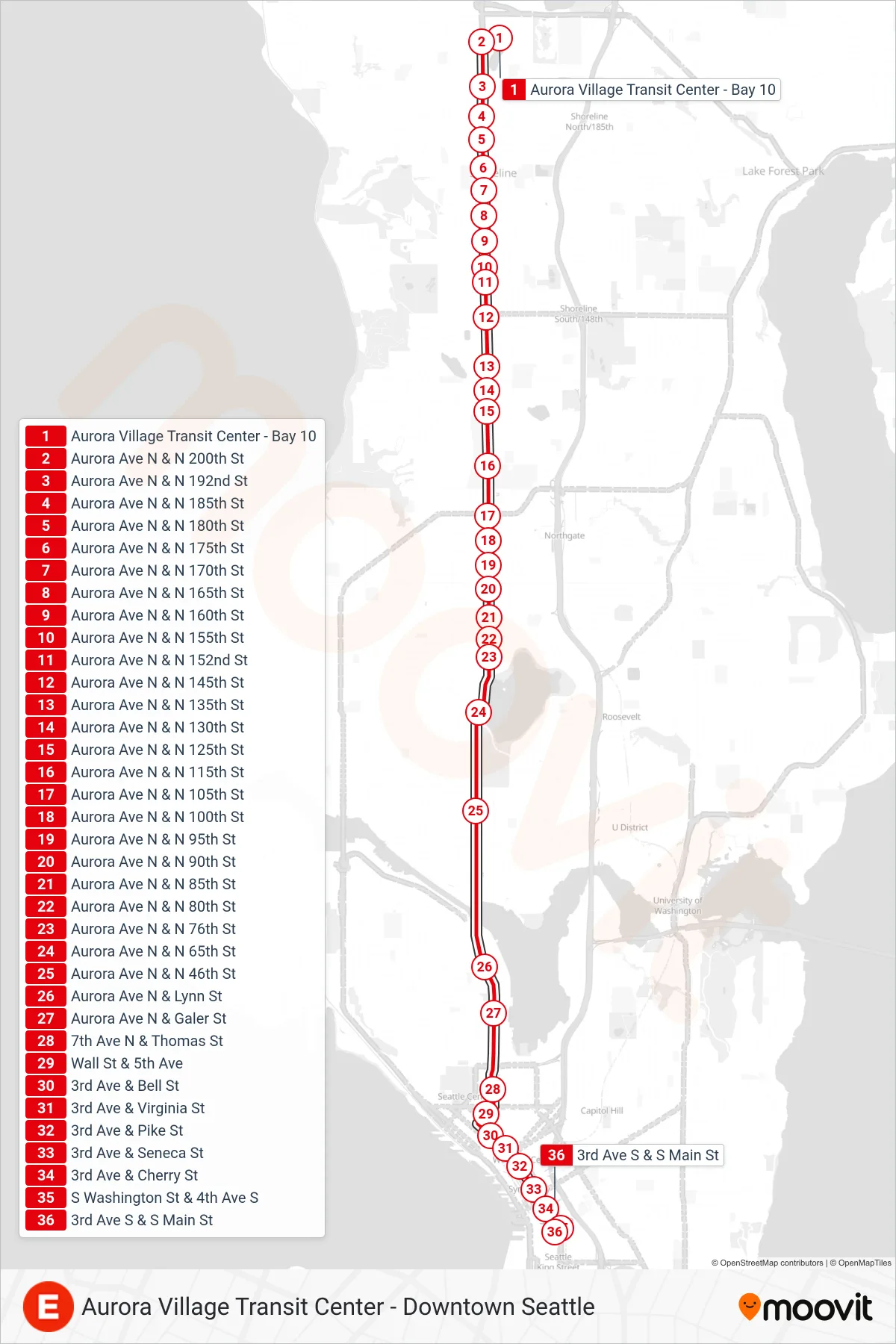 E LINE bus Line (Downtown Seattle) route and stops on a map