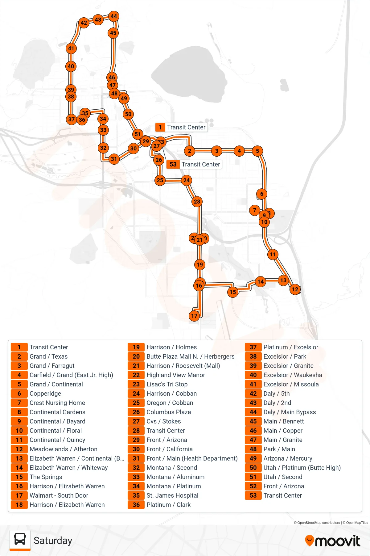 SATURDAY bus Line (Transit Center→Transit Center) route and stops on a map