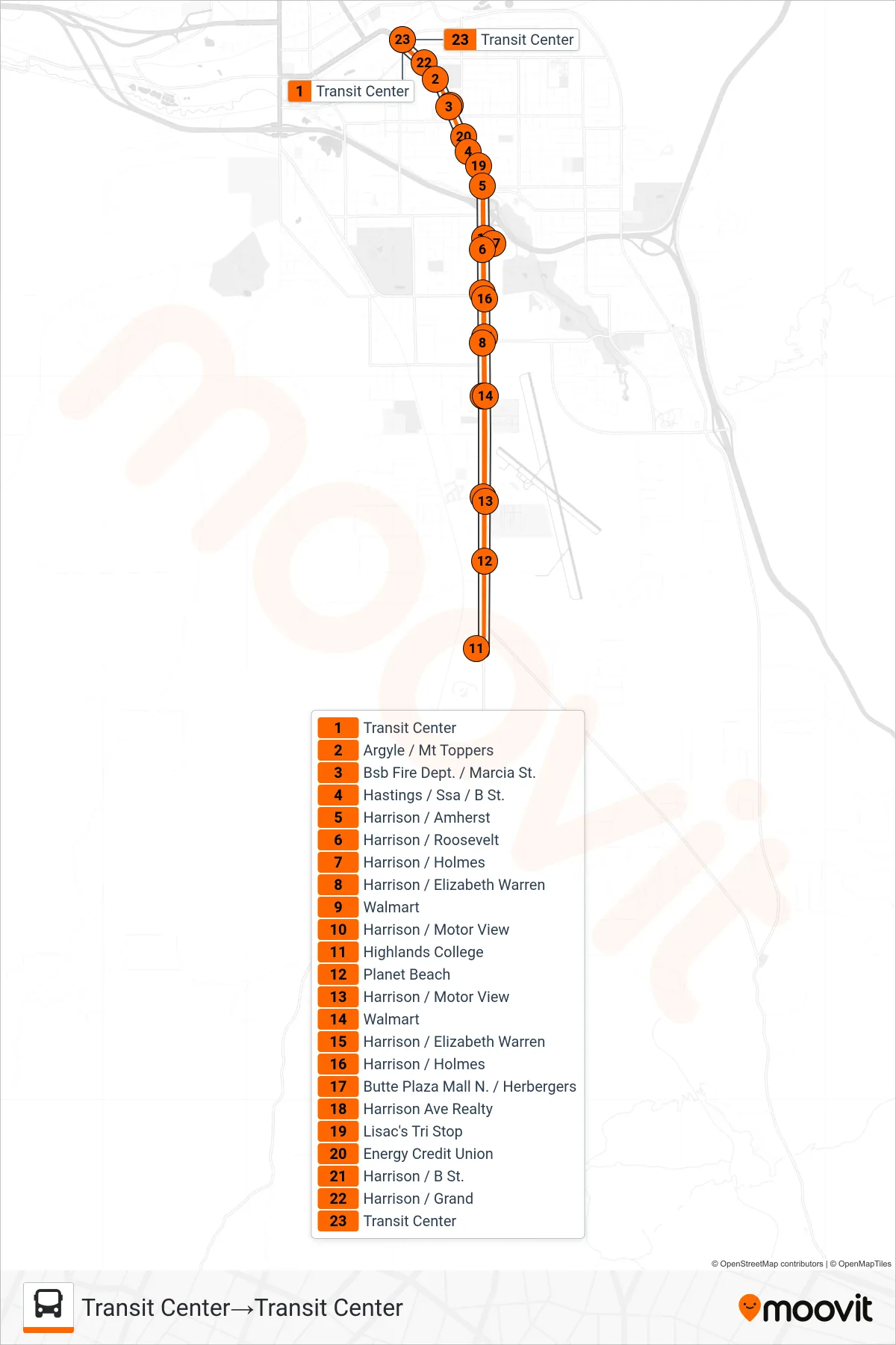 ORANGE - HARRISON bus Line (Transit Center→Transit Center) route and stops on a map