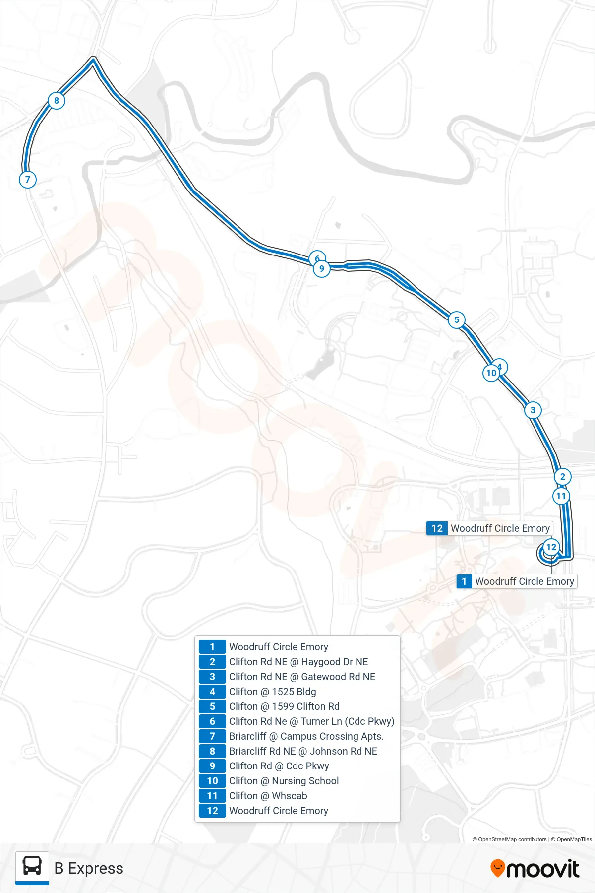 B EXPRESS bus Line (B Express) route and stops on a map