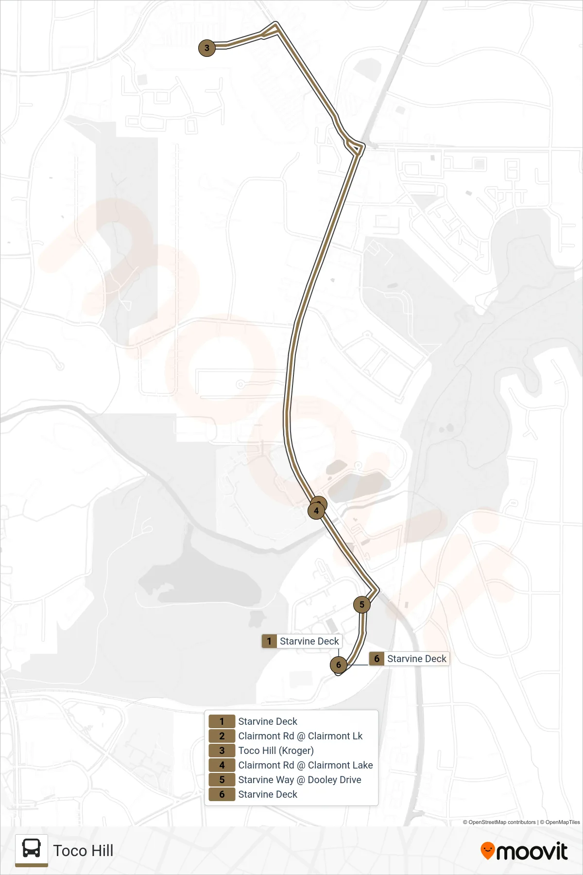 TOCO HILL bus Line (Toco Hill) route and stops on a map