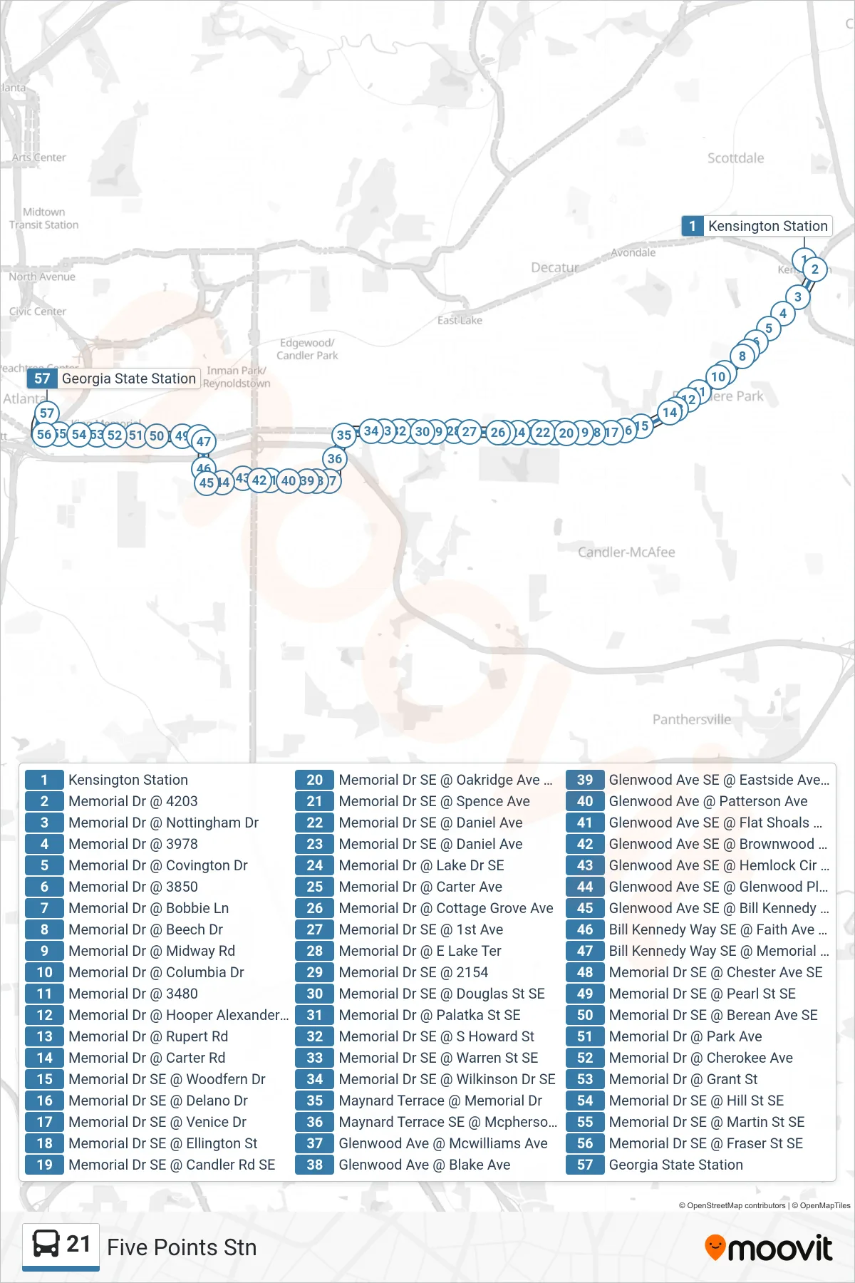 21 bus Line (Five Points Stn) route and stops on a map