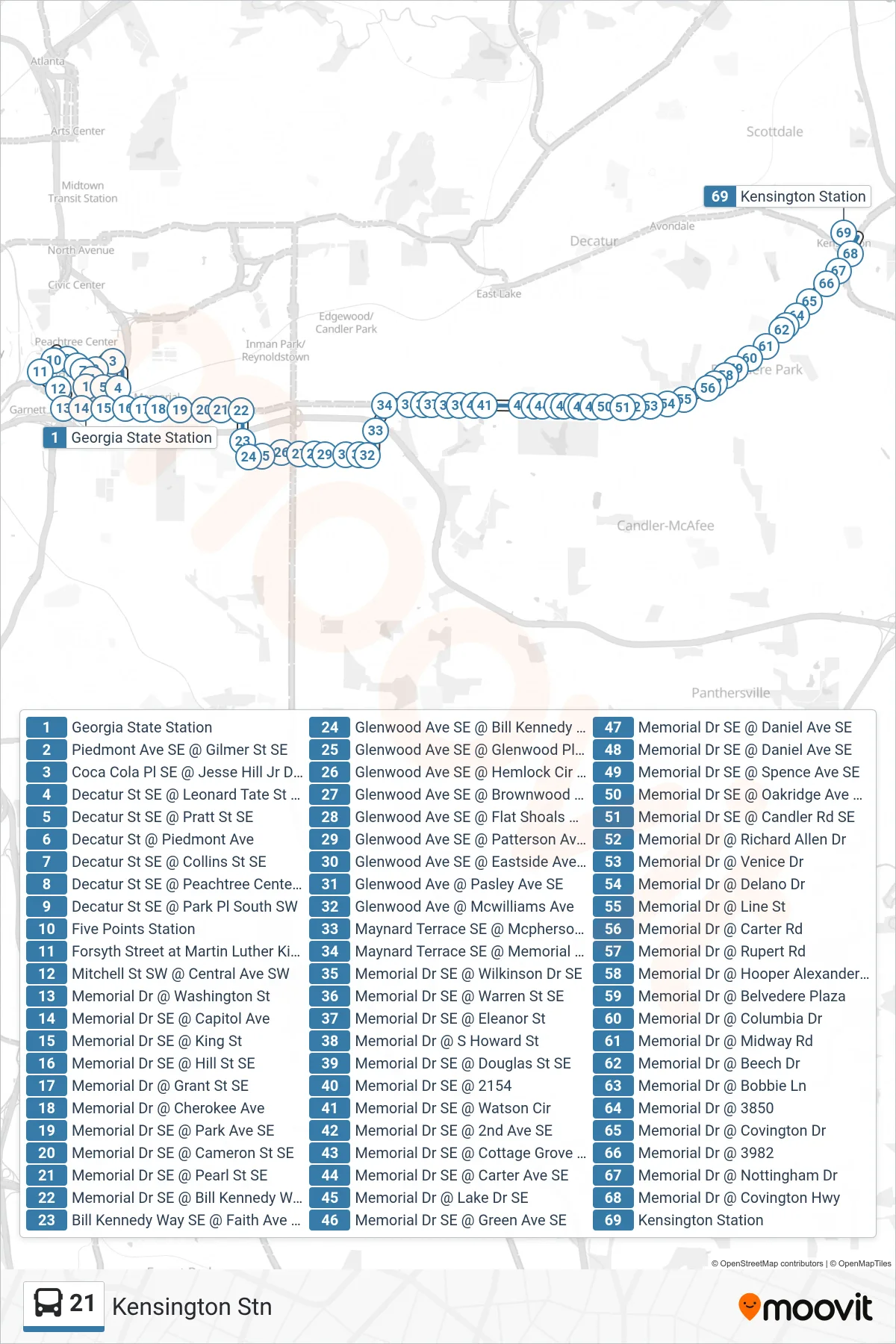 21 bus Line (Kensington Stn) route and stops on a map