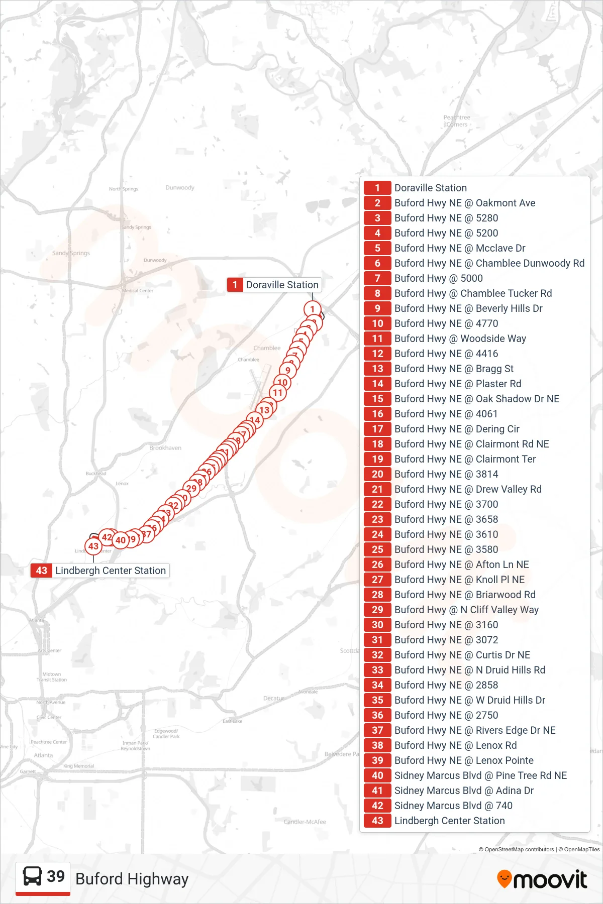 39 bus Line (Lindbergh Ctr Stn) route and stops on a map