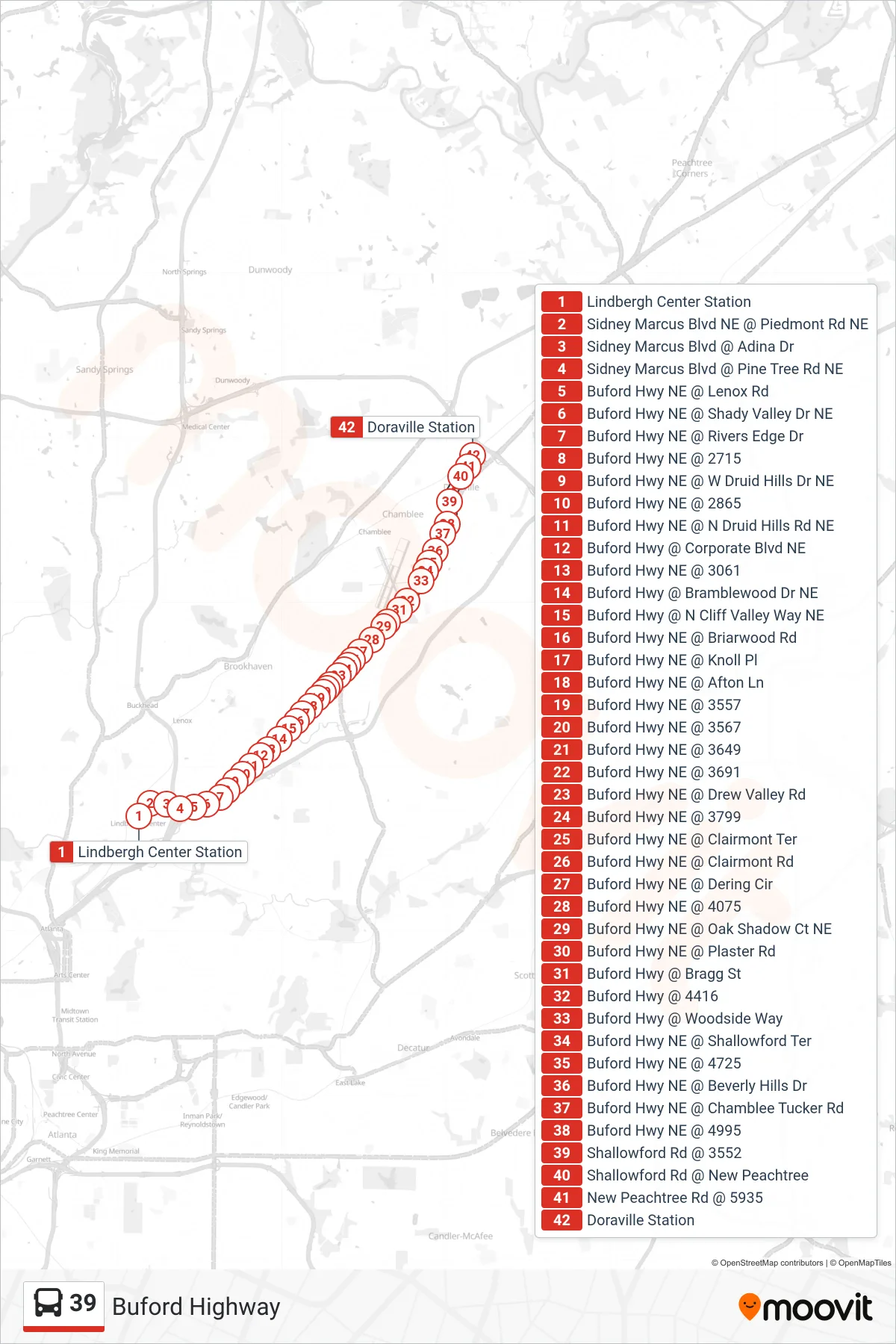 39 bus Line (Doraville Stn) route and stops on a map