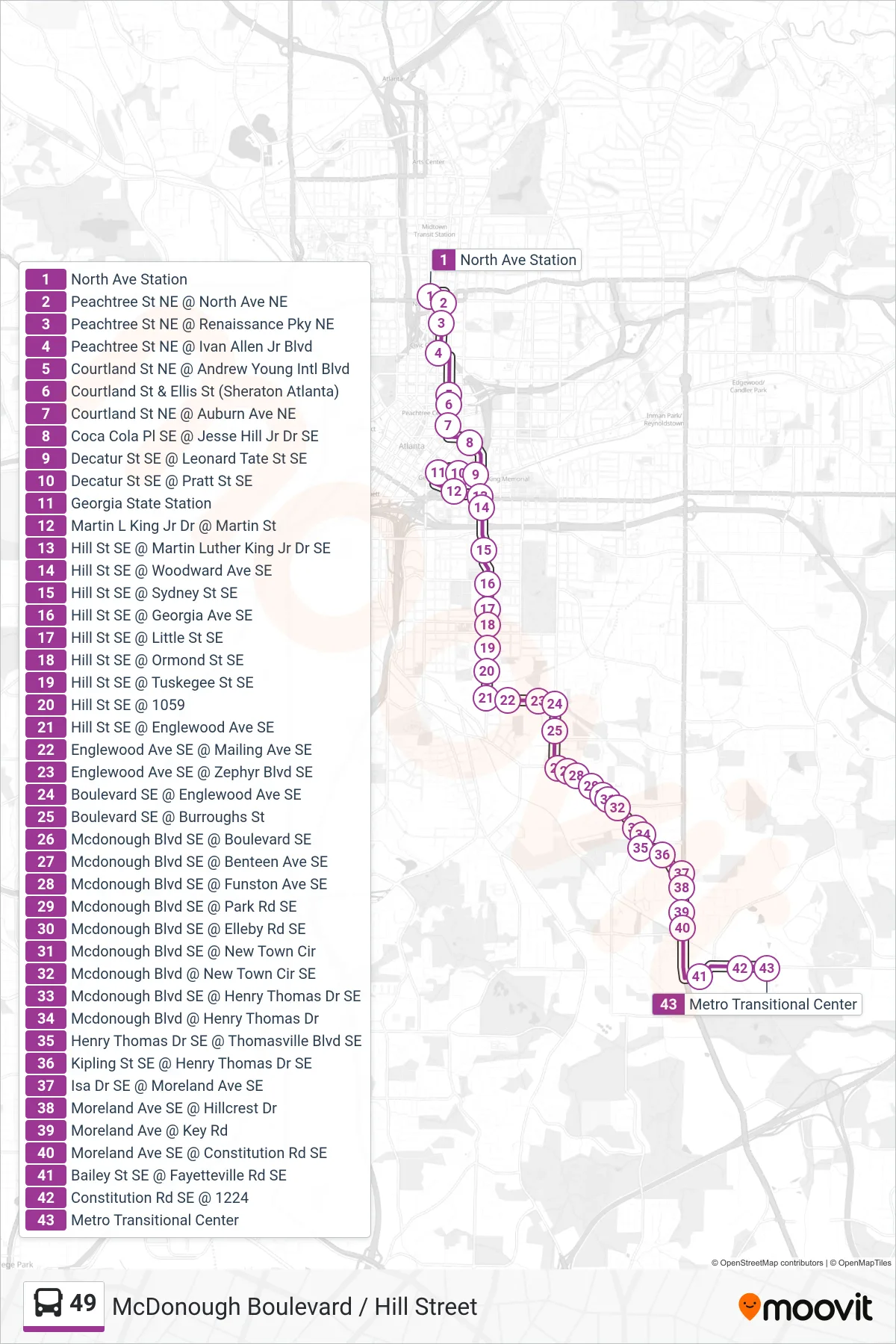 49 bus Line (Metro Transitional) route and stops on a map