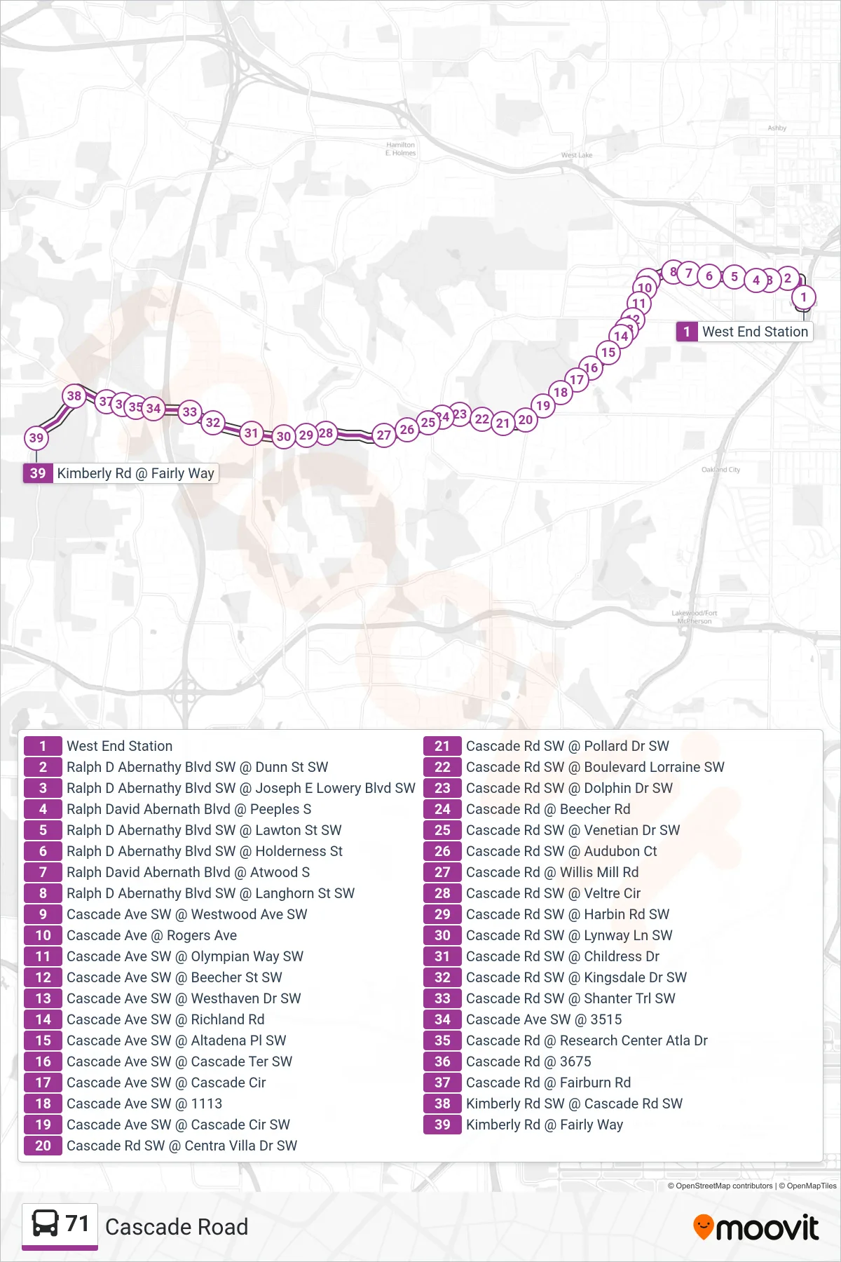 71 bus Line (Kimberly Rd) route and stops on a map