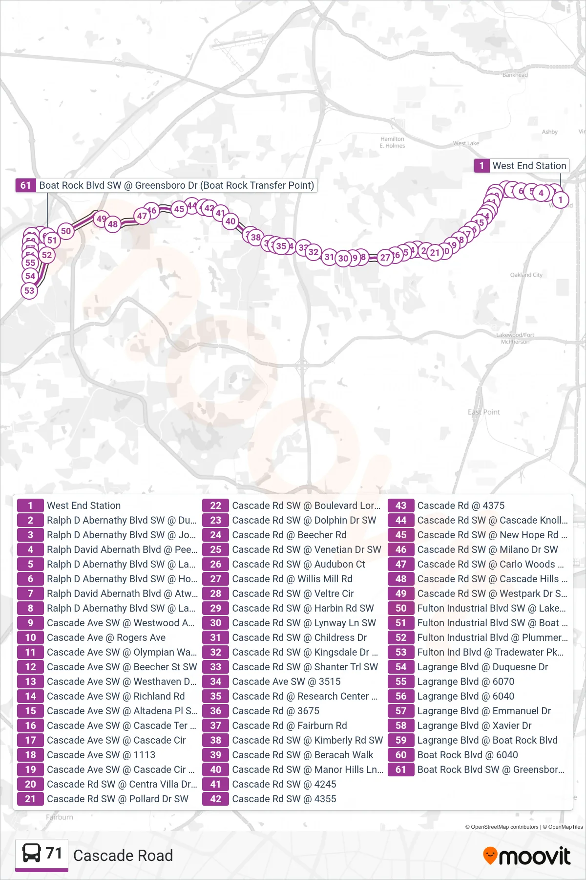 71 bus Line (Boat Rock Transfer) route and stops on a map