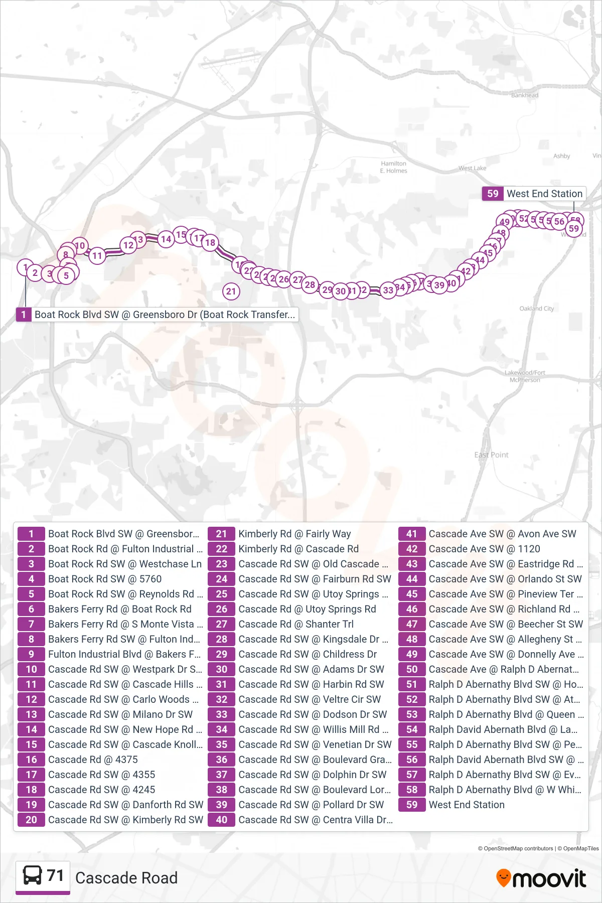 71 bus Line (West End Stn) route and stops on a map