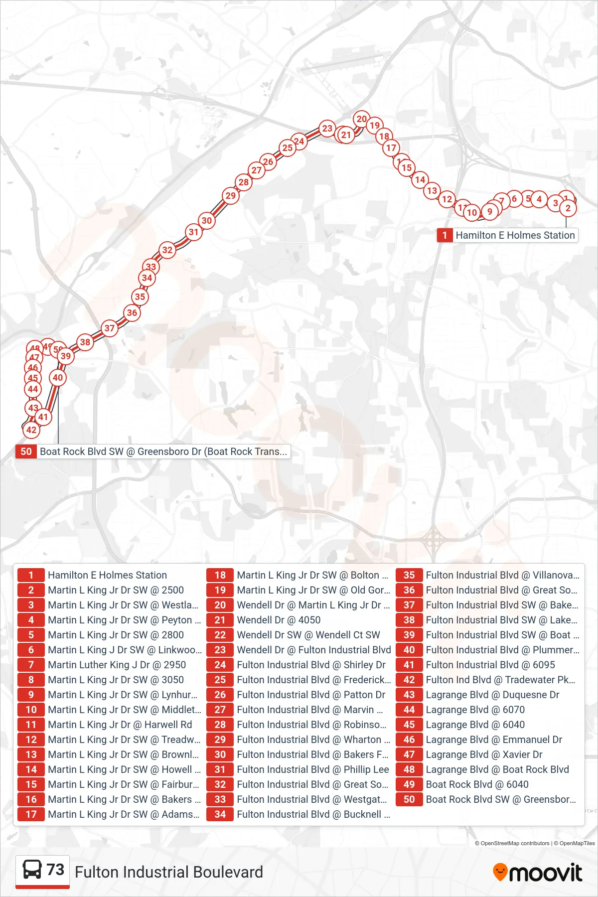 73 bus Line (Boat Rock Transfer) route and stops on a map