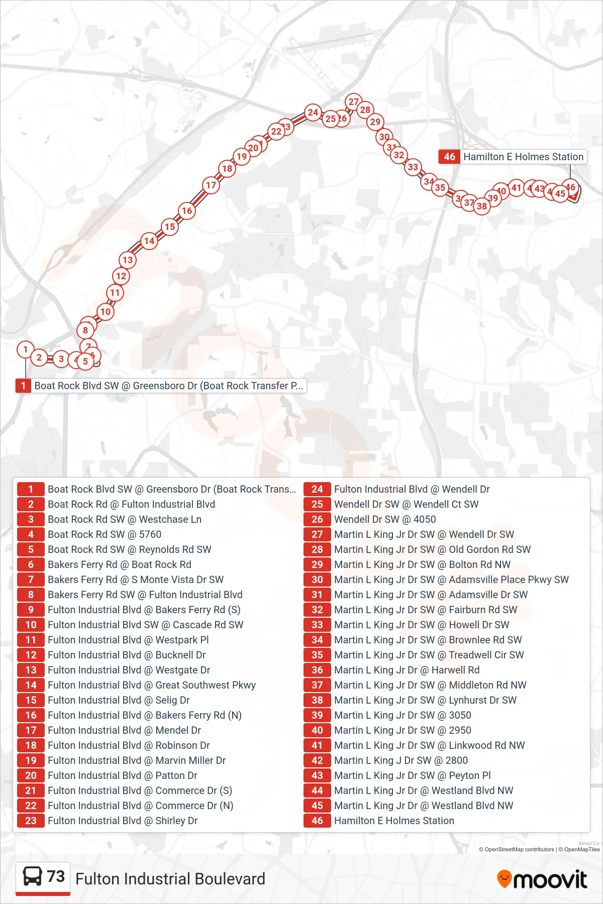 73 bus Line (He Holmes Stn) route and stops on a map