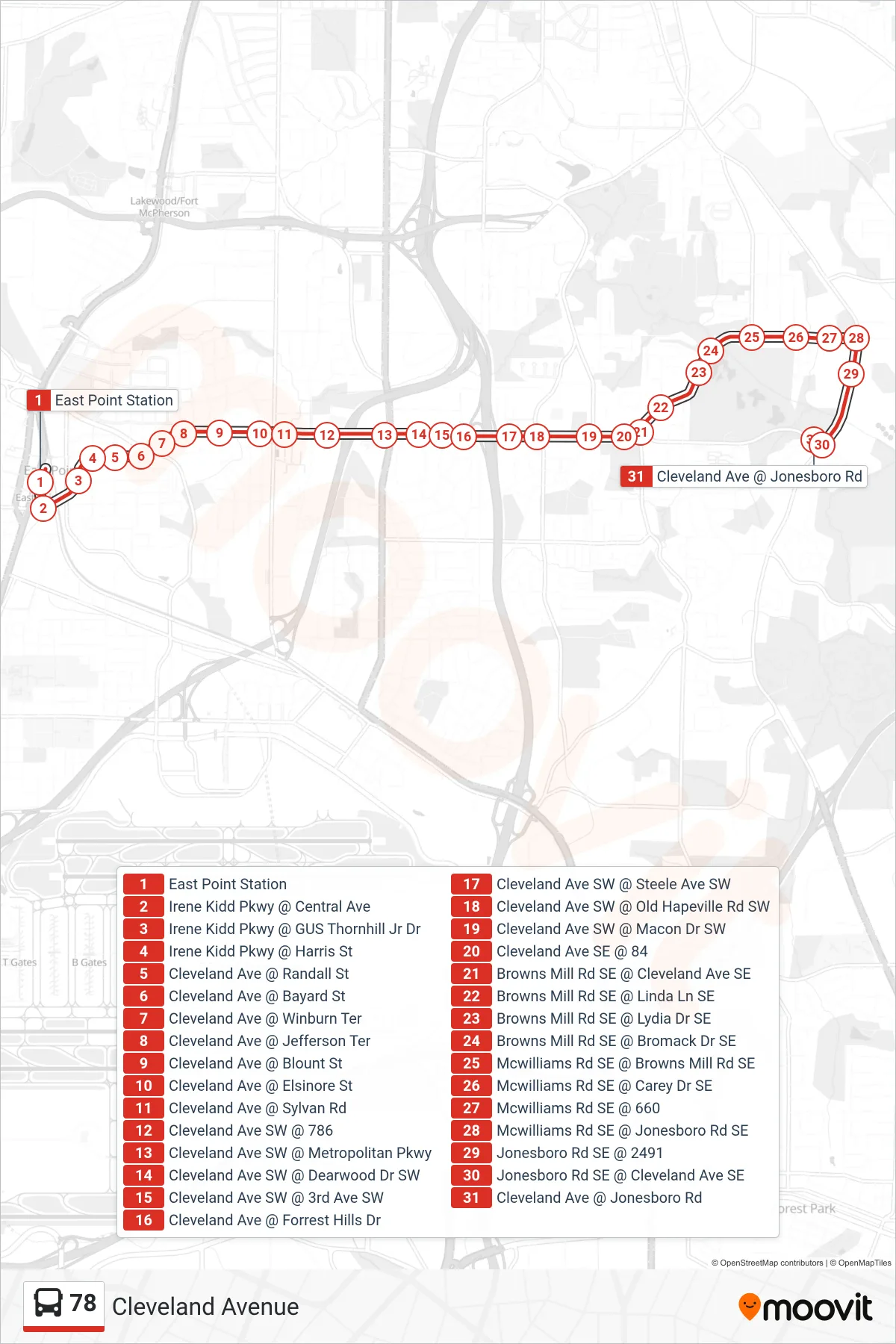 78 bus Line (Browns Mill) route and stops on a map