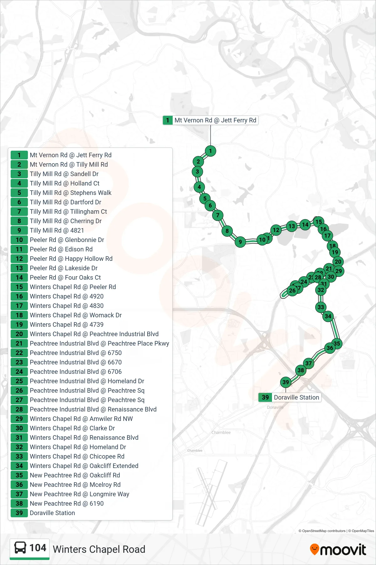 104 bus Line (Doraville Stn) route and stops on a map